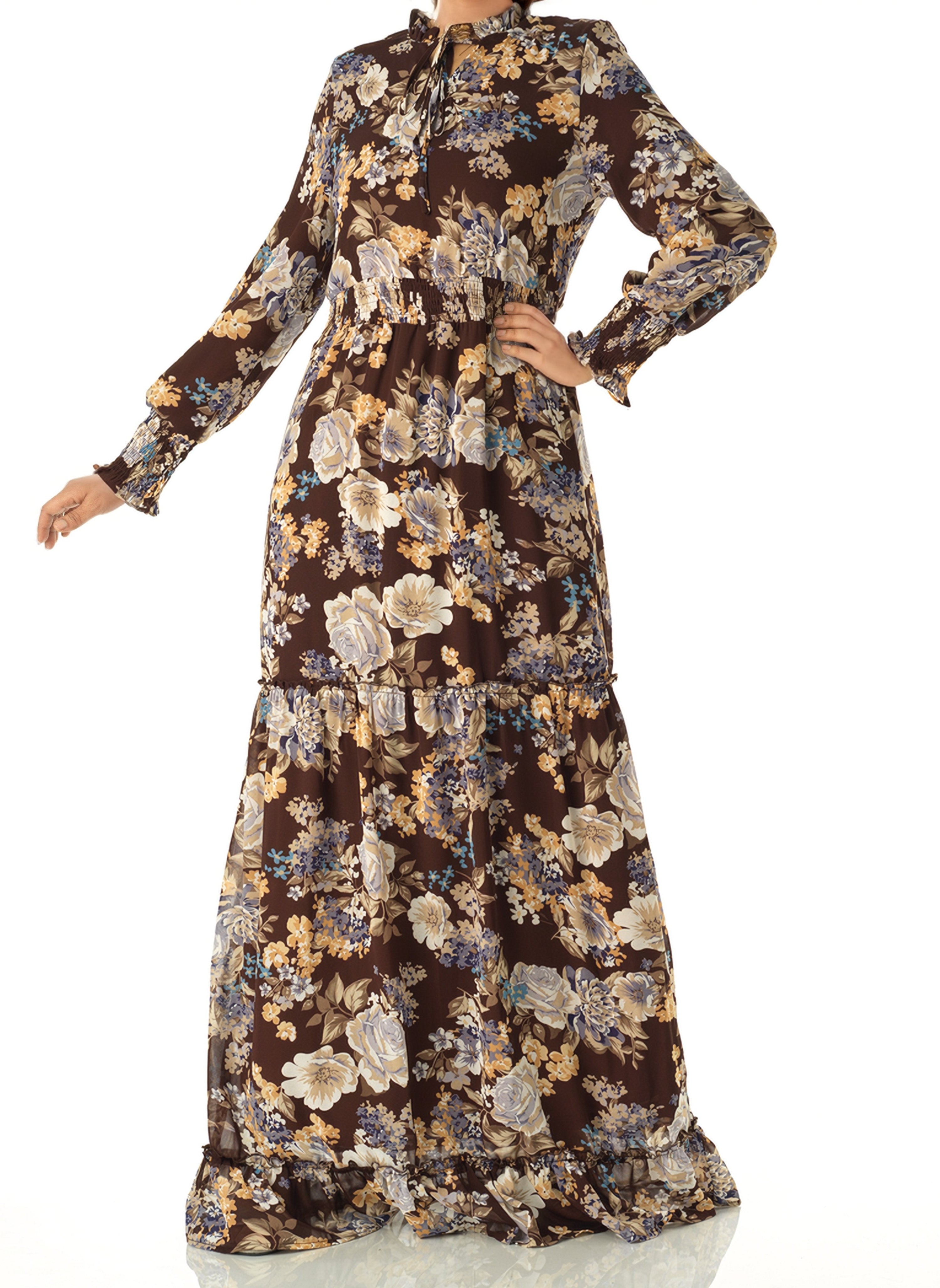 Brown floral smocked long sleeve maxi dress Kabayare