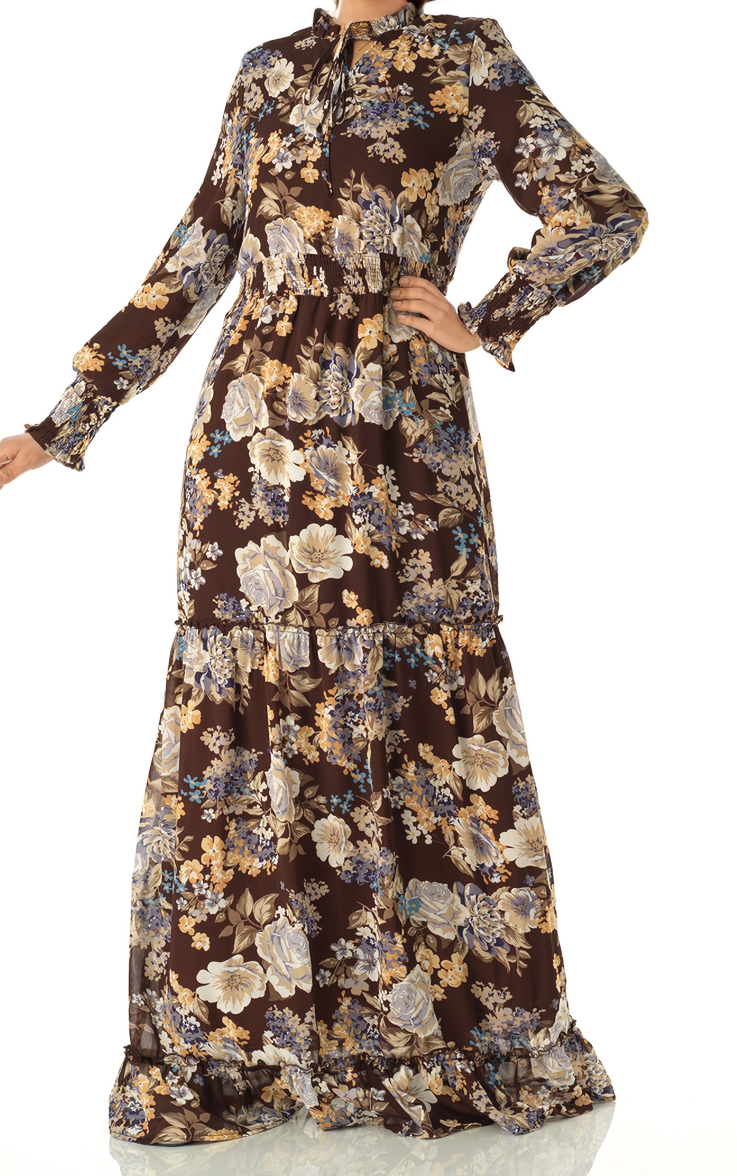 Brown floral smocked long sleeve maxi dress Kabayare