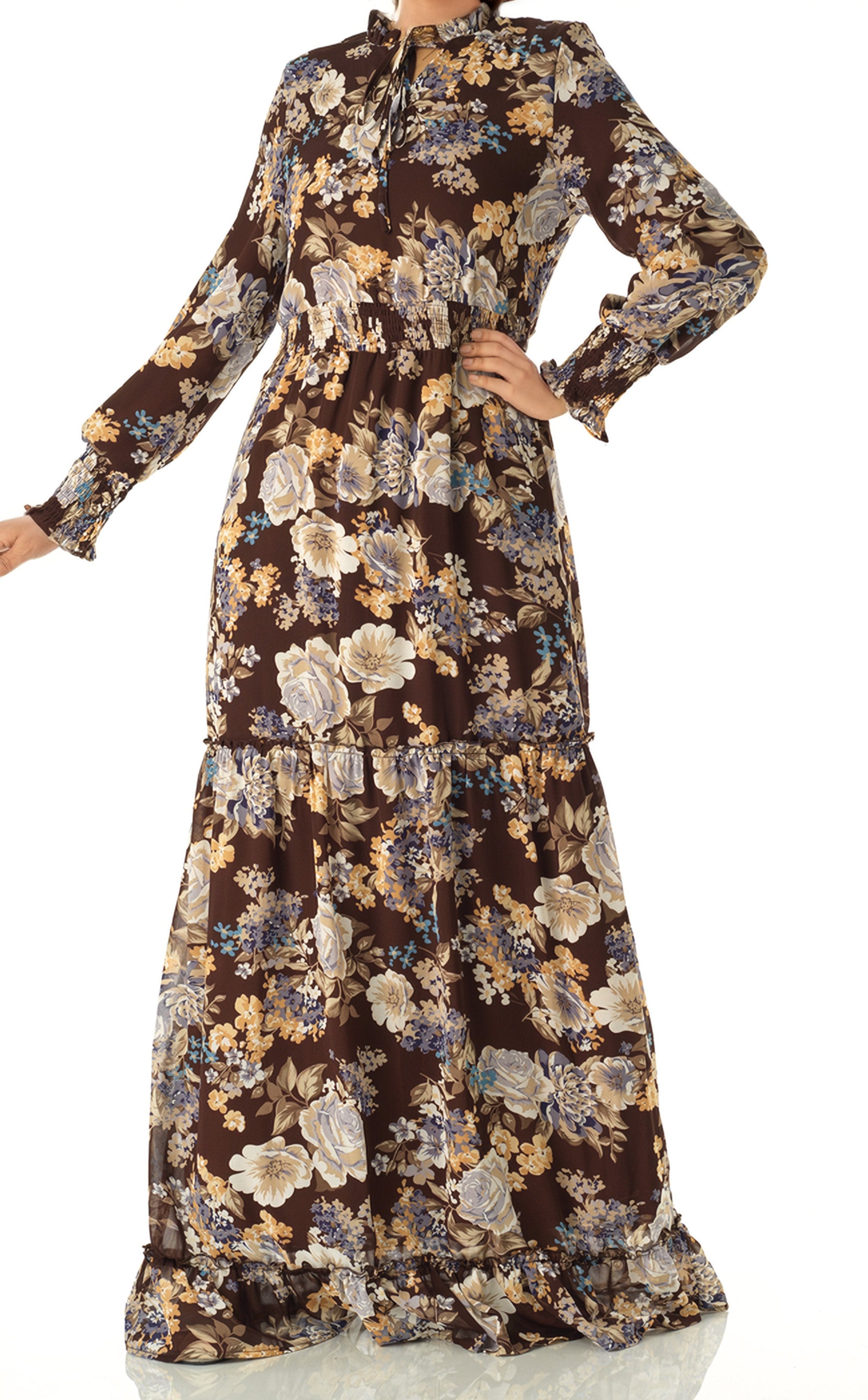 Brown floral smocked long sleeve maxi dress Kabayare