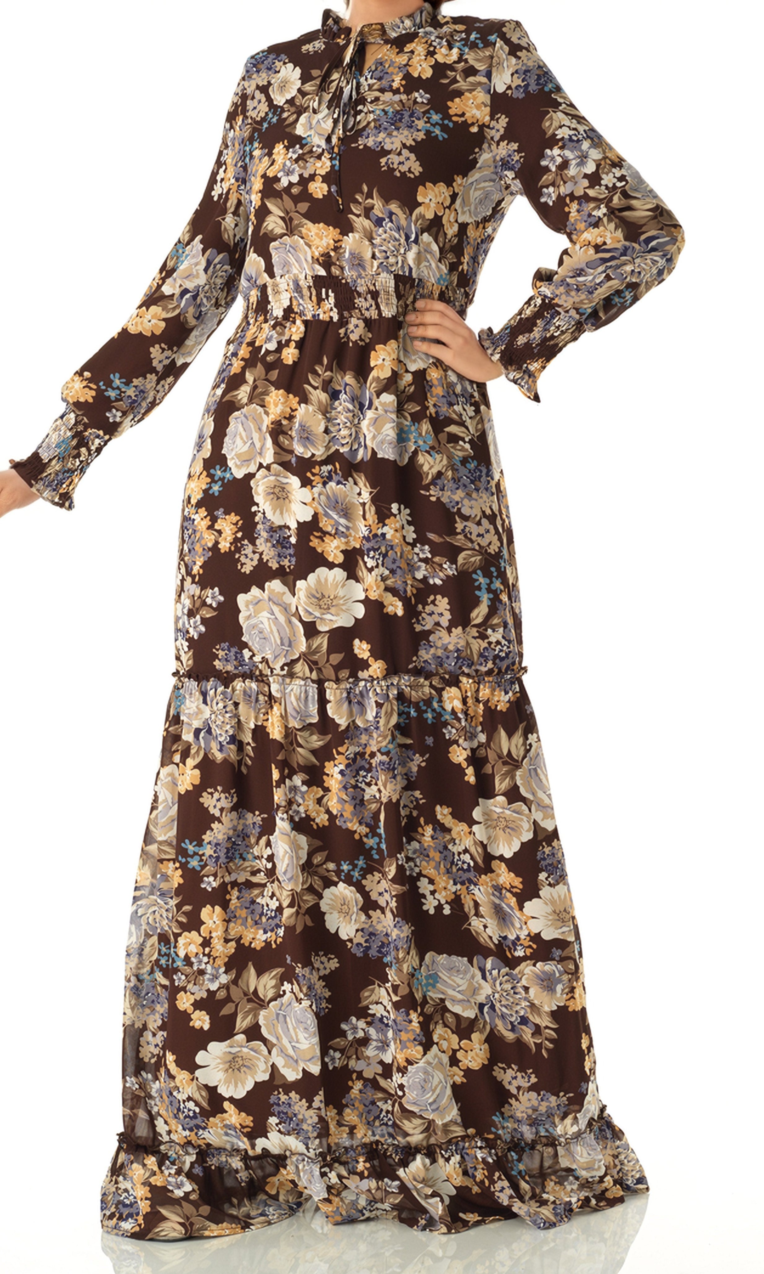 Brown floral smocked long sleeve maxi dress Kabayare