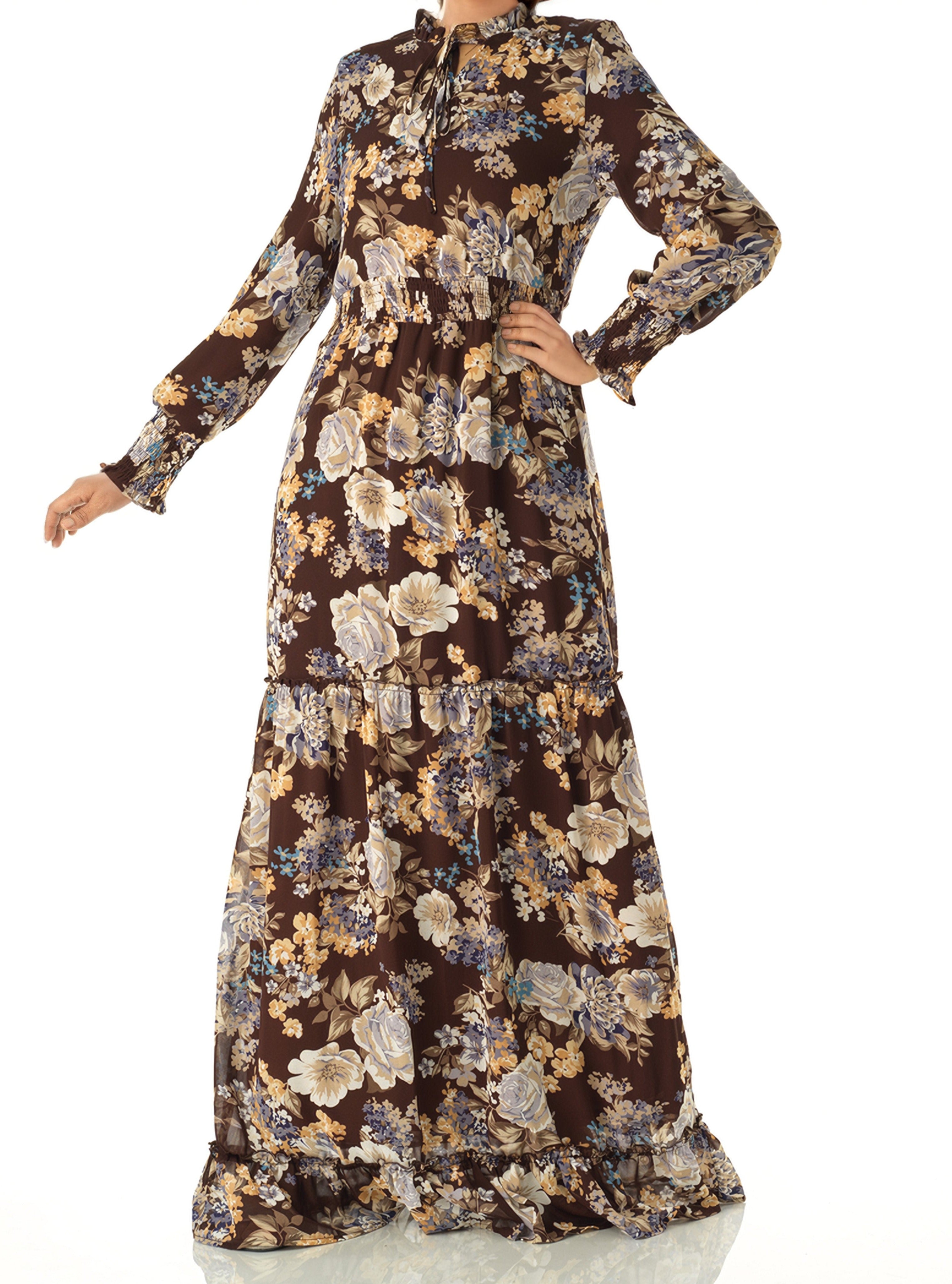 Brown floral smocked long sleeve maxi dress Kabayare