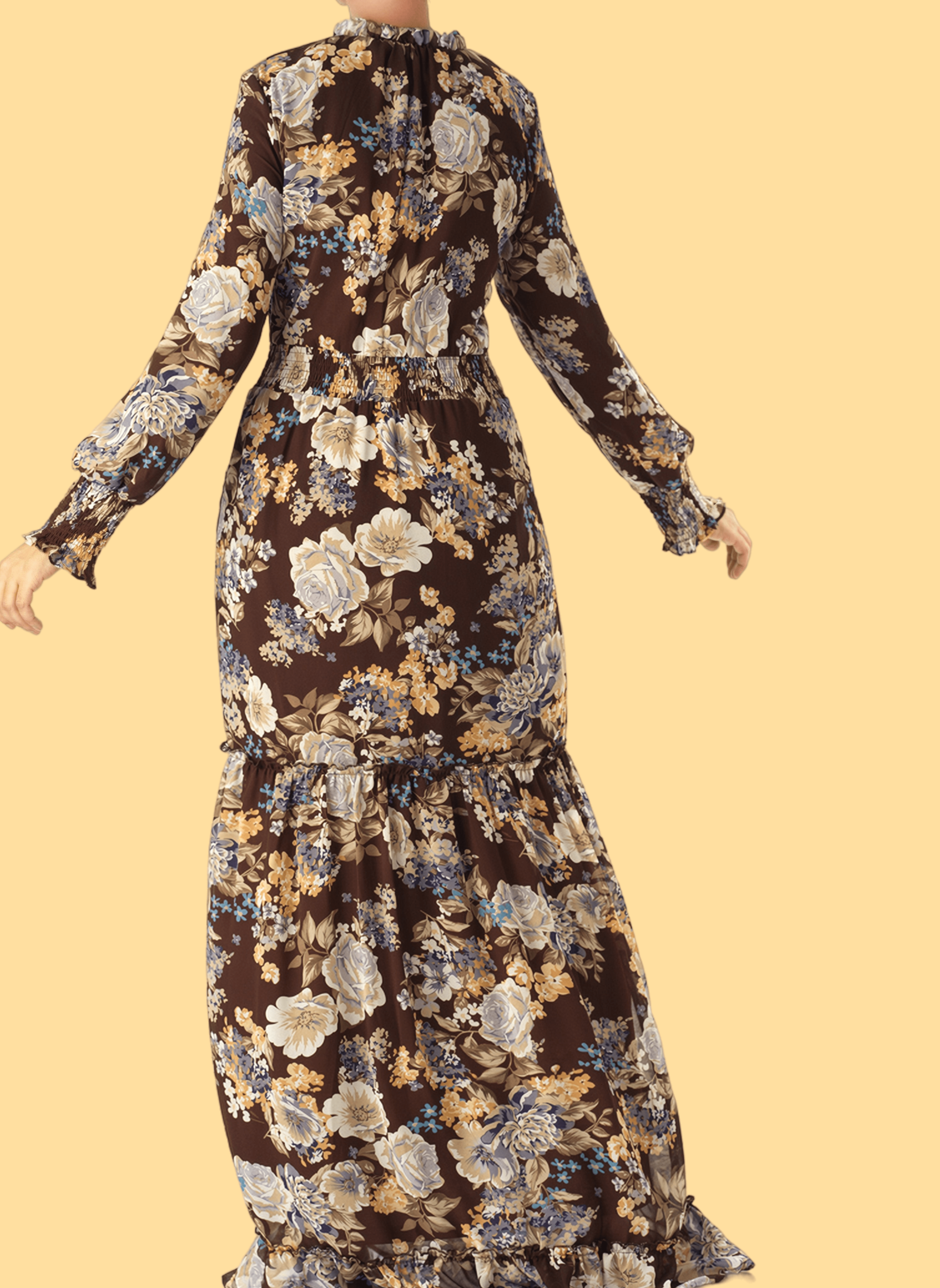 Brown floral smocked long sleeve maxi modest dress Kabayare