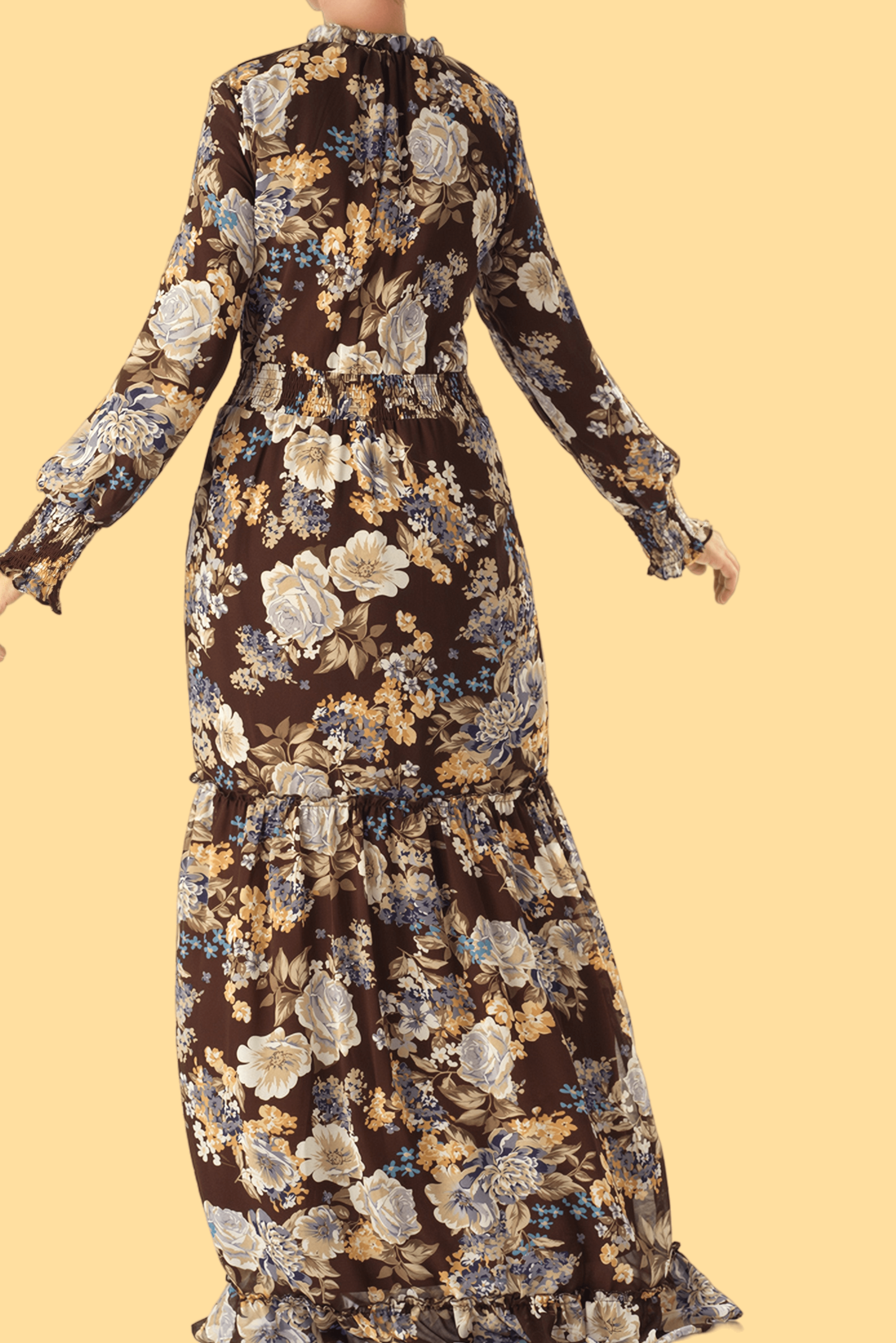 Brown floral smocked long sleeve maxi modest dress Kabayare
