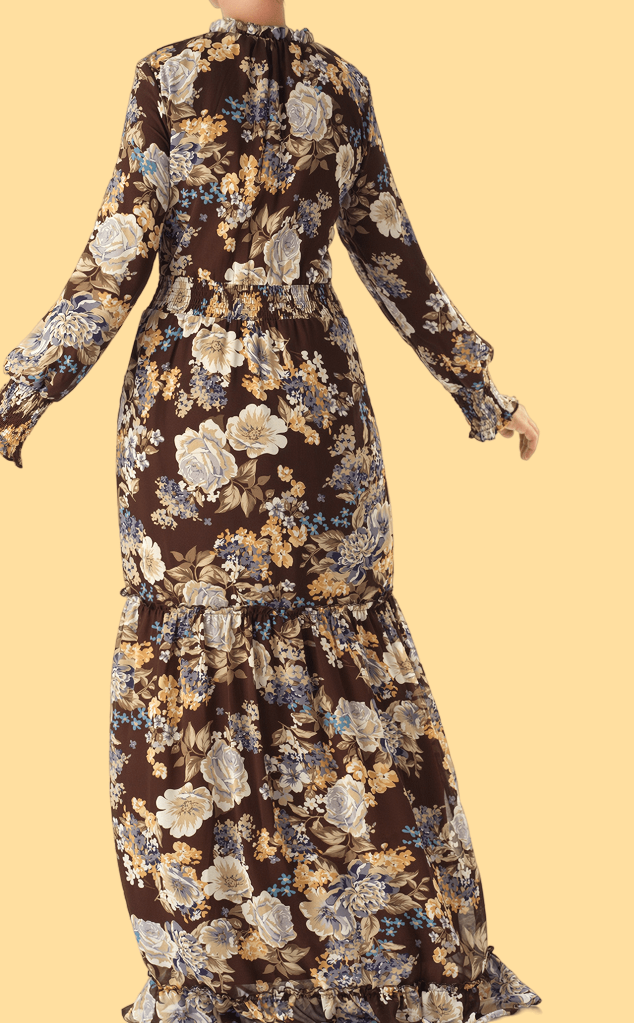 Brown floral smocked long sleeve maxi modest dress Kabayare