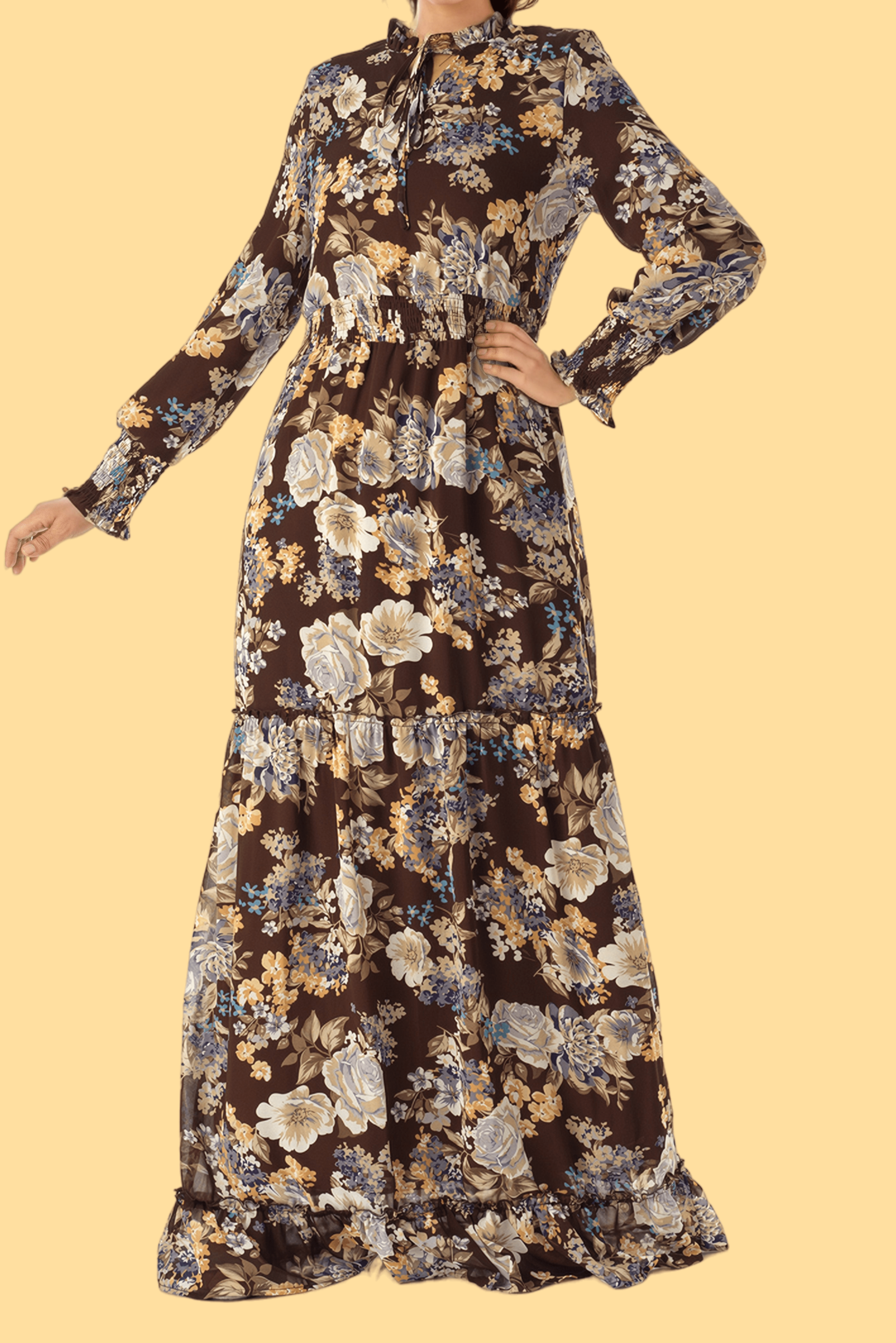 Brown floral smocked long sleeve maxi modest dress Kabayare