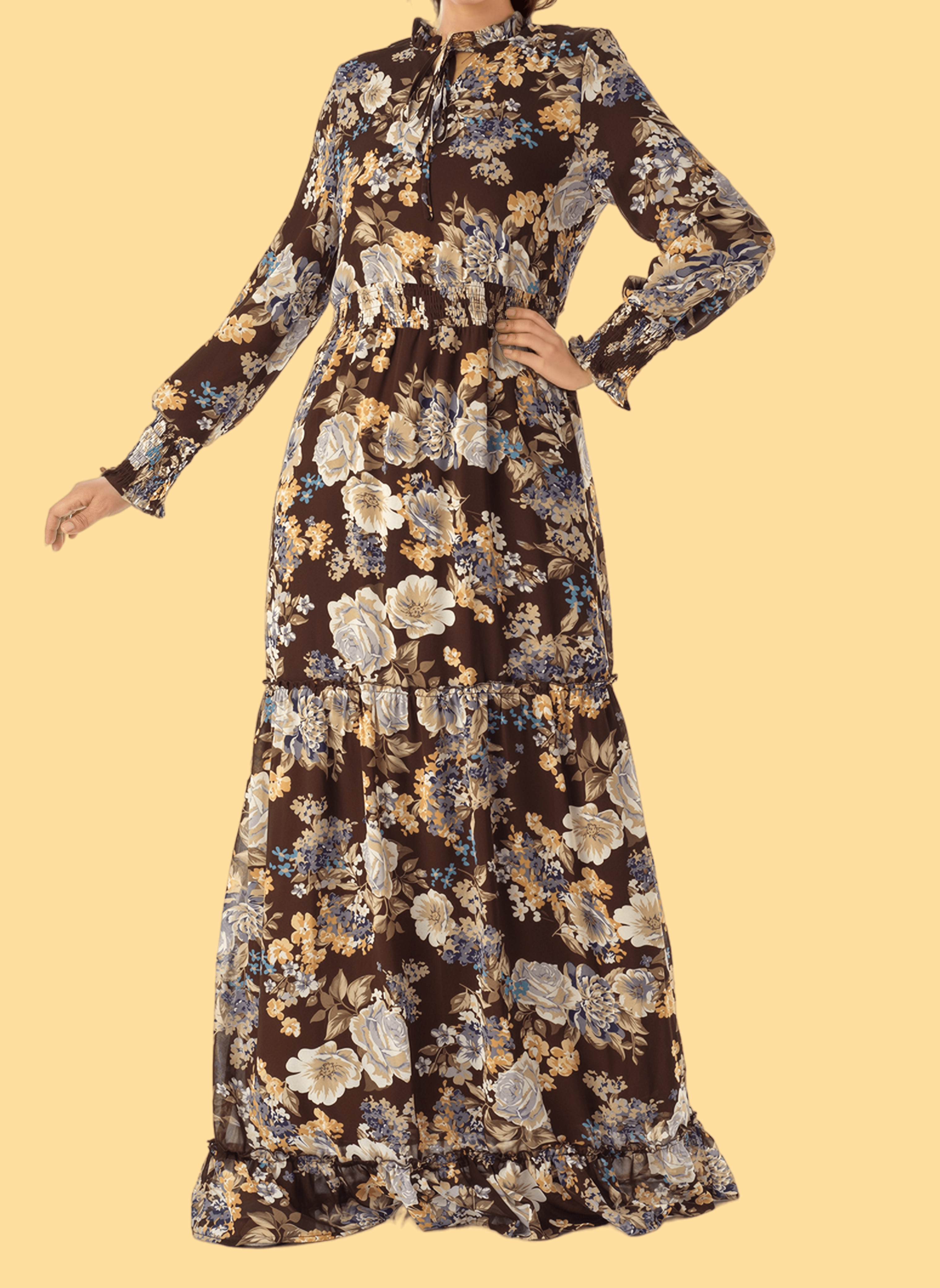 Brown floral smocked long sleeve maxi modest dress Kabayare
