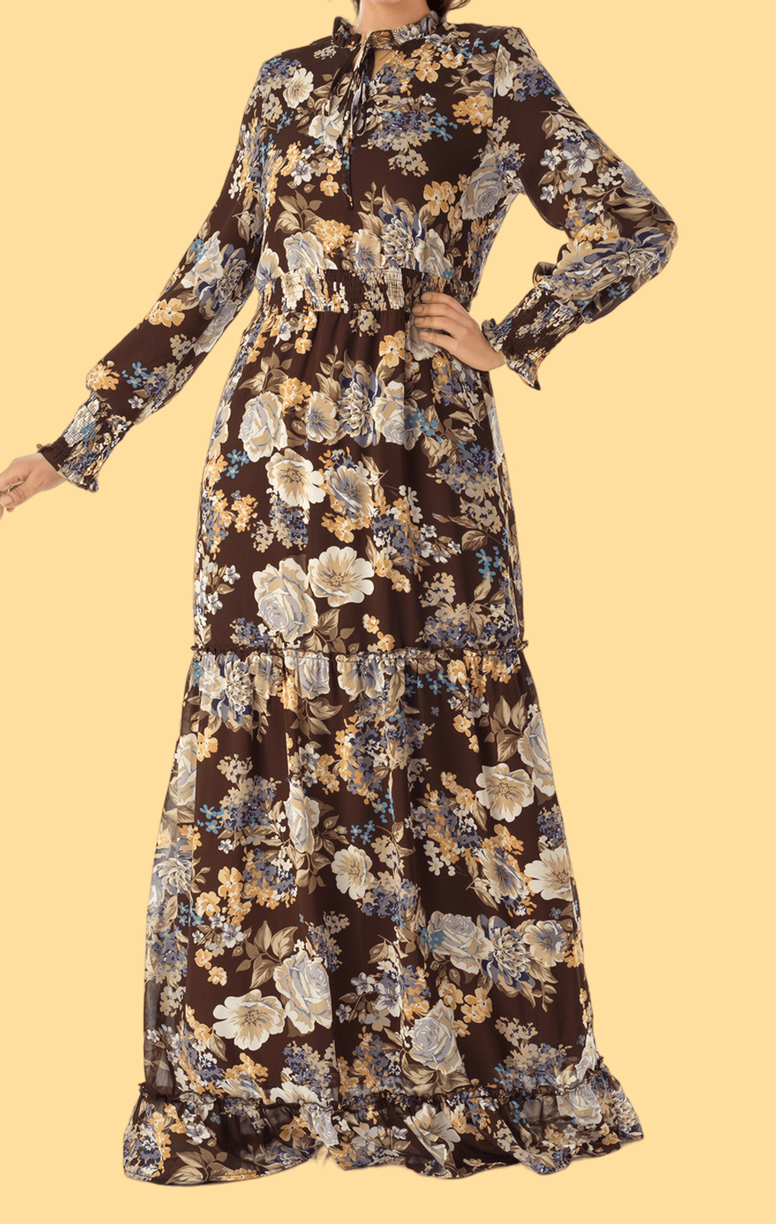 Brown floral smocked long sleeve maxi modest dress Kabayare
