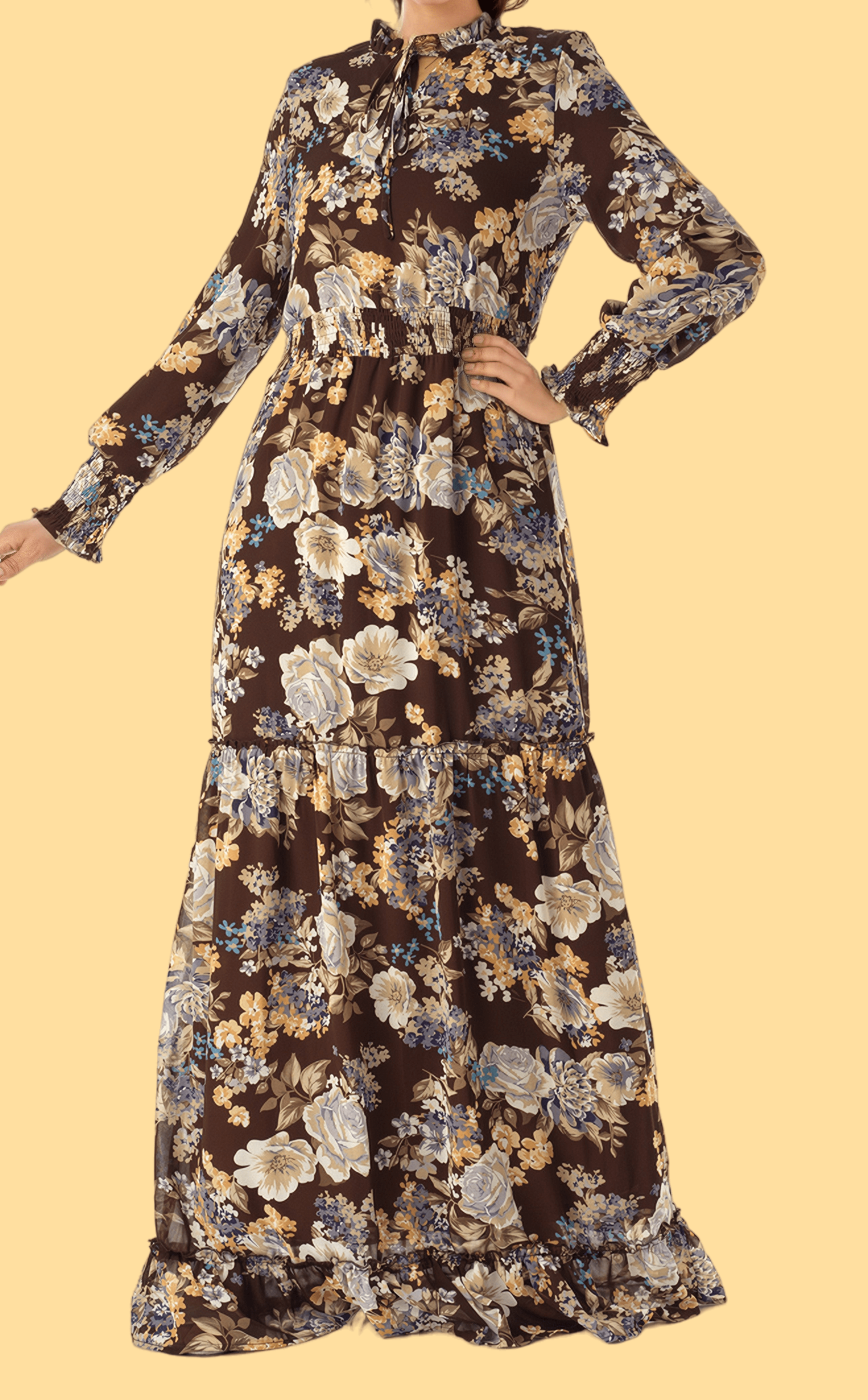 Brown floral smocked long sleeve maxi modest dress Kabayare