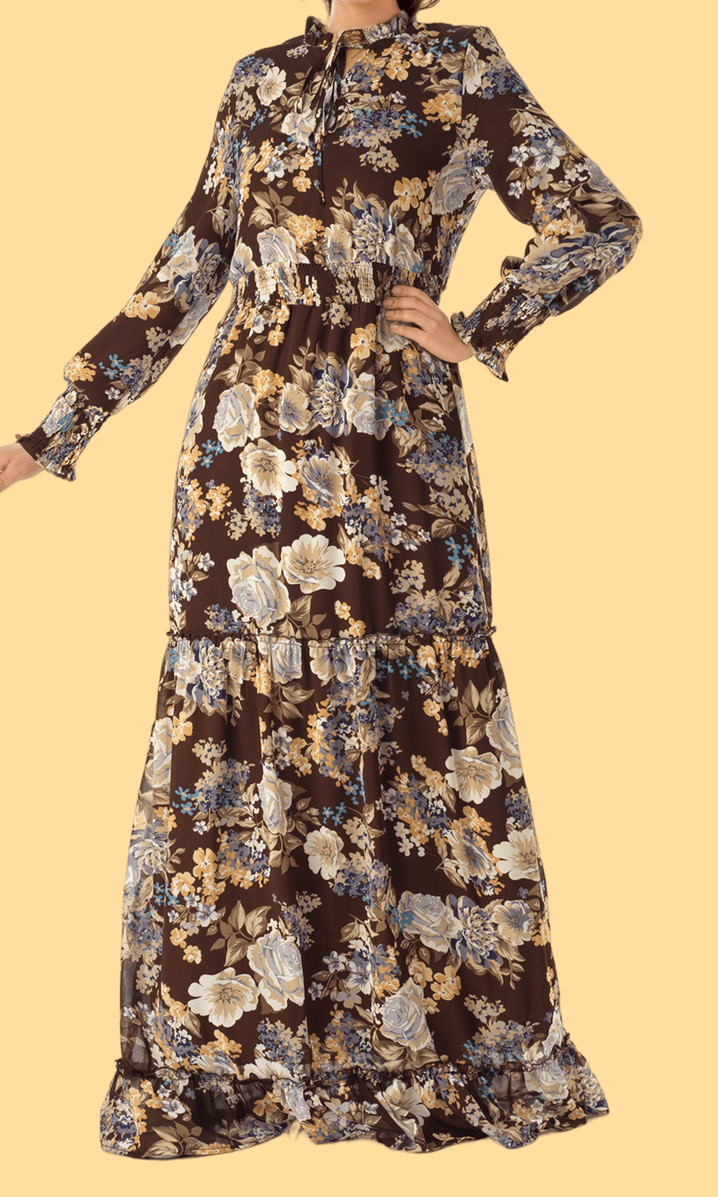 Brown floral smocked long sleeve maxi modest dress Kabayare
