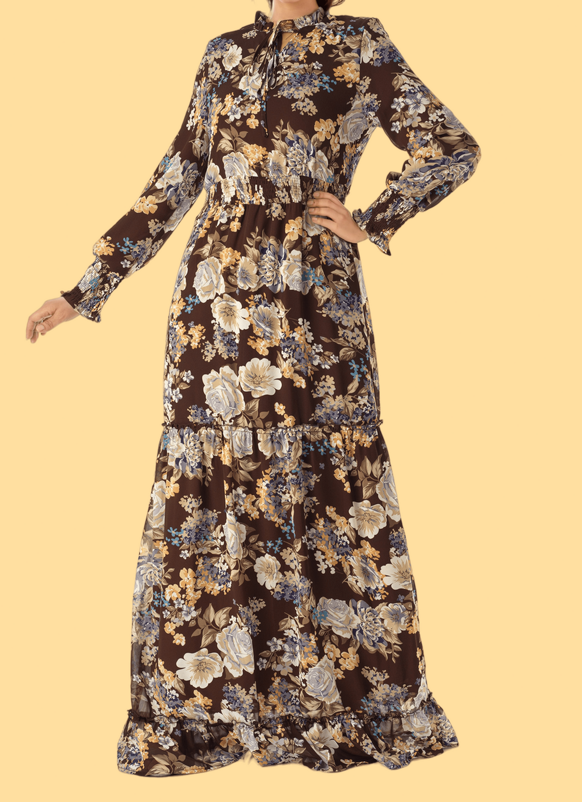 Brown floral smocked long sleeve maxi modest dress Kabayare
