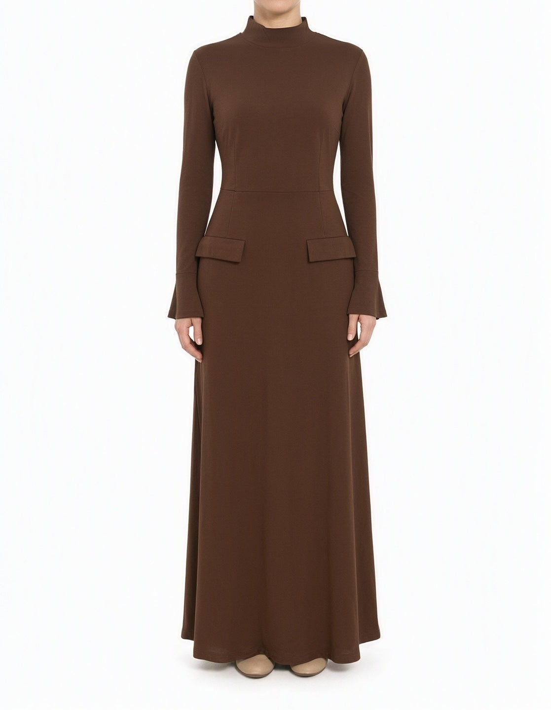 Brown Savile mock neck modest maxi dress Kabayare