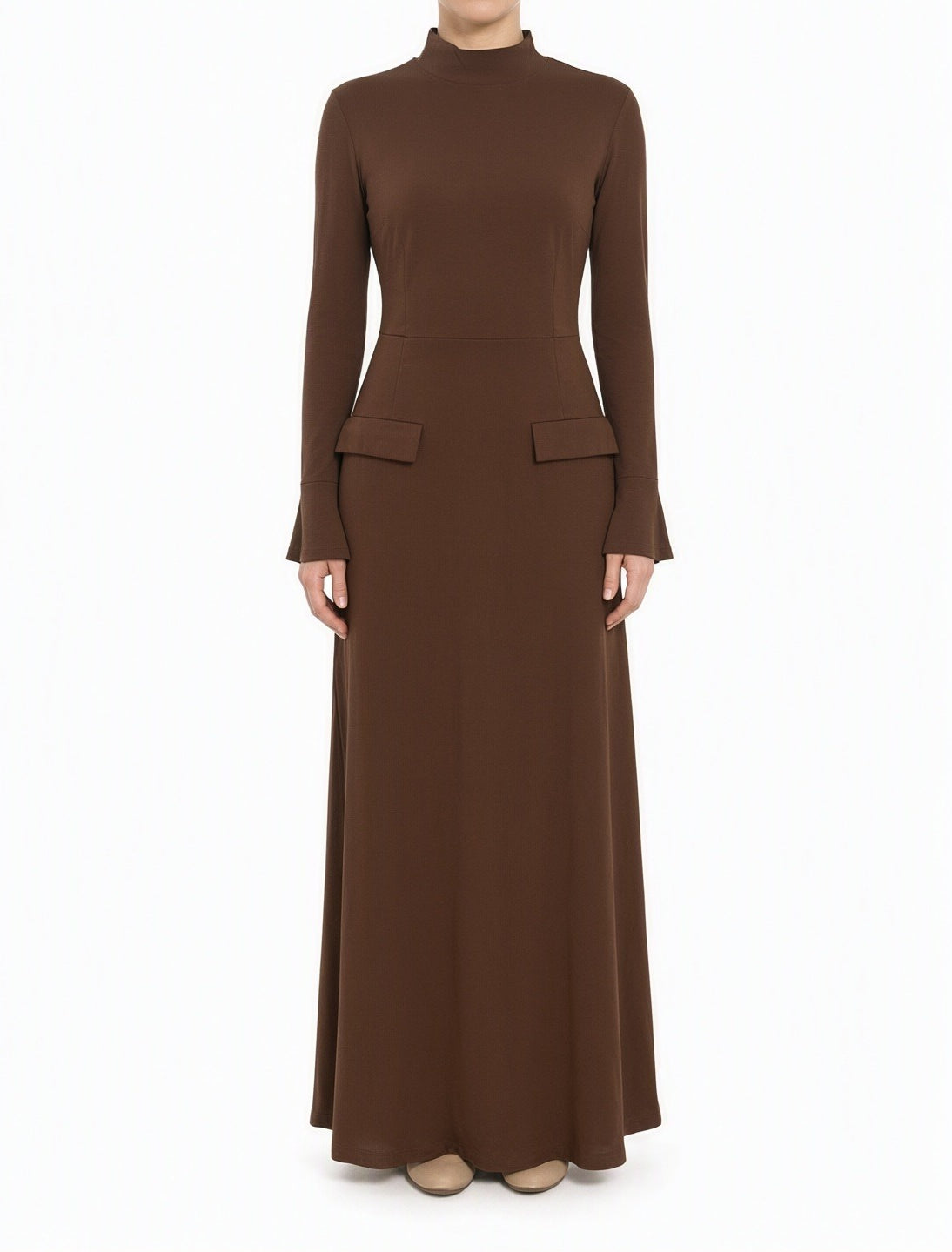 Brown Savile mock neck modest maxi dress Kabayare