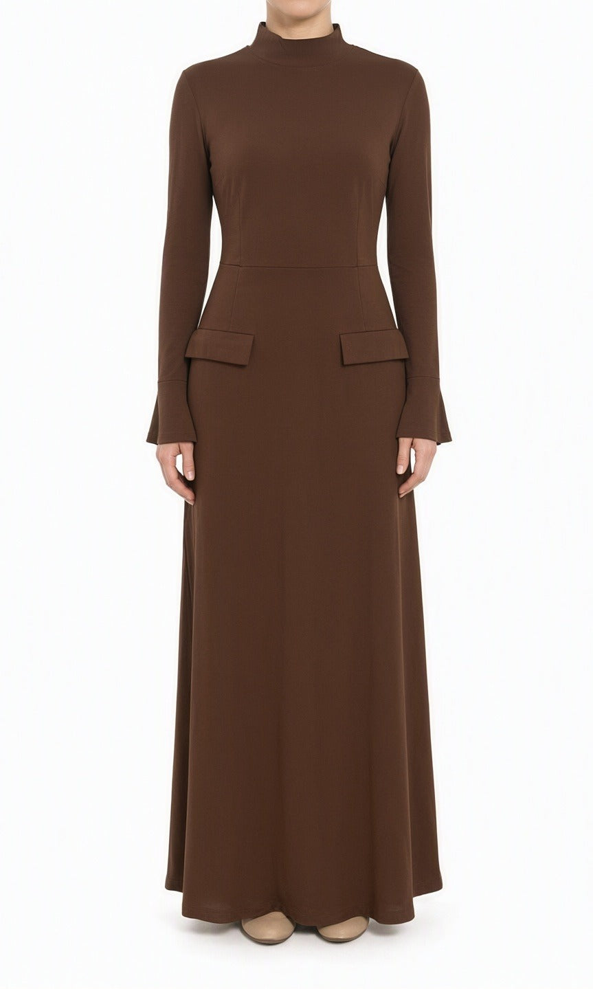 Brown Savile mock neck modest maxi dress Kabayare