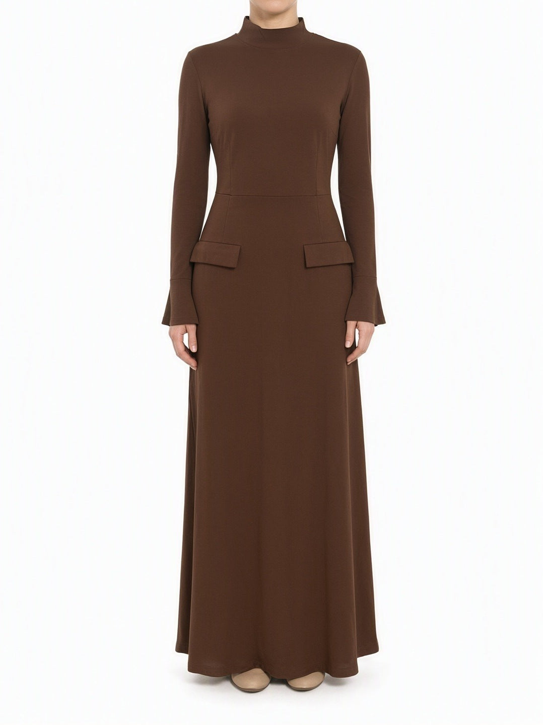 Brown Savile mock neck modest maxi dress Kabayare
