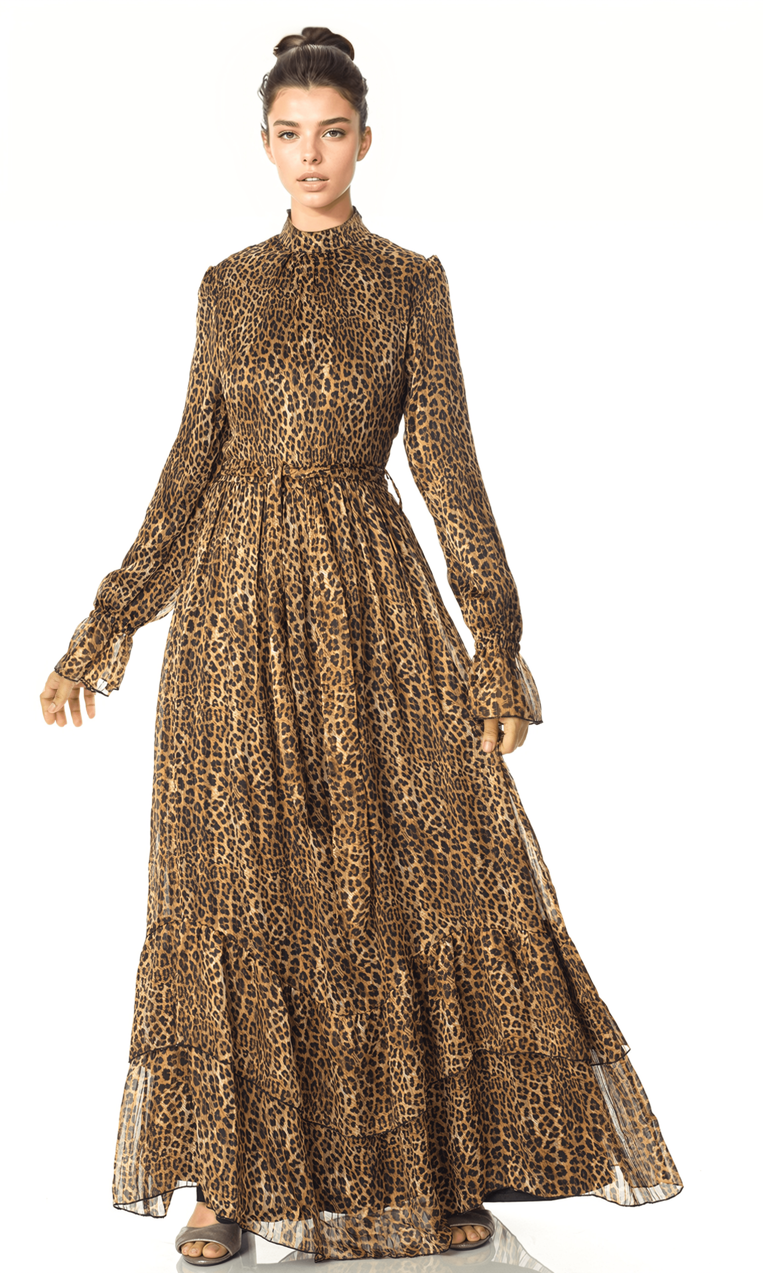 Cheetah fever ruffle long sleeve maxi dress Kabayare