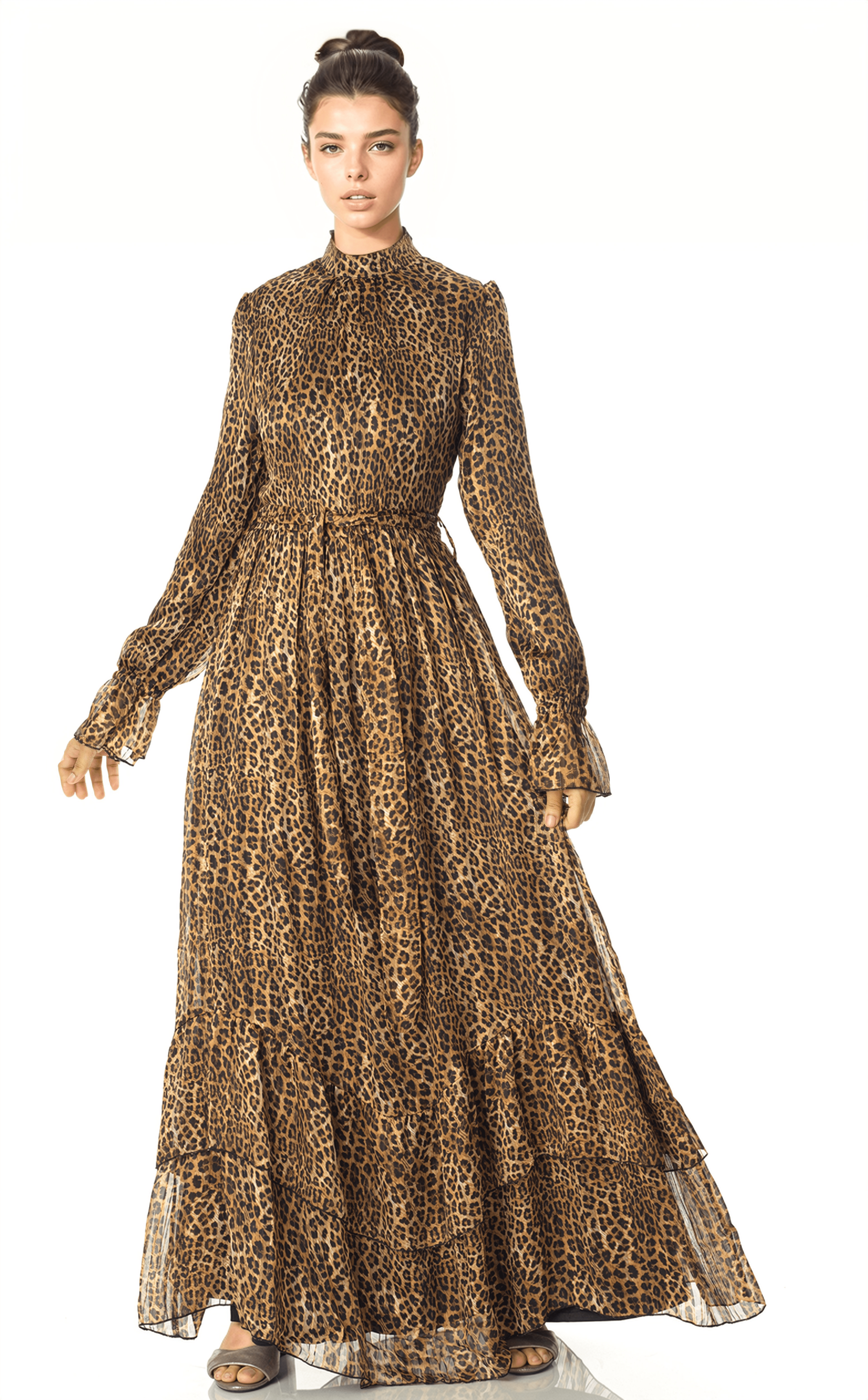 Cheetah fever ruffle long sleeve maxi dress Kabayare