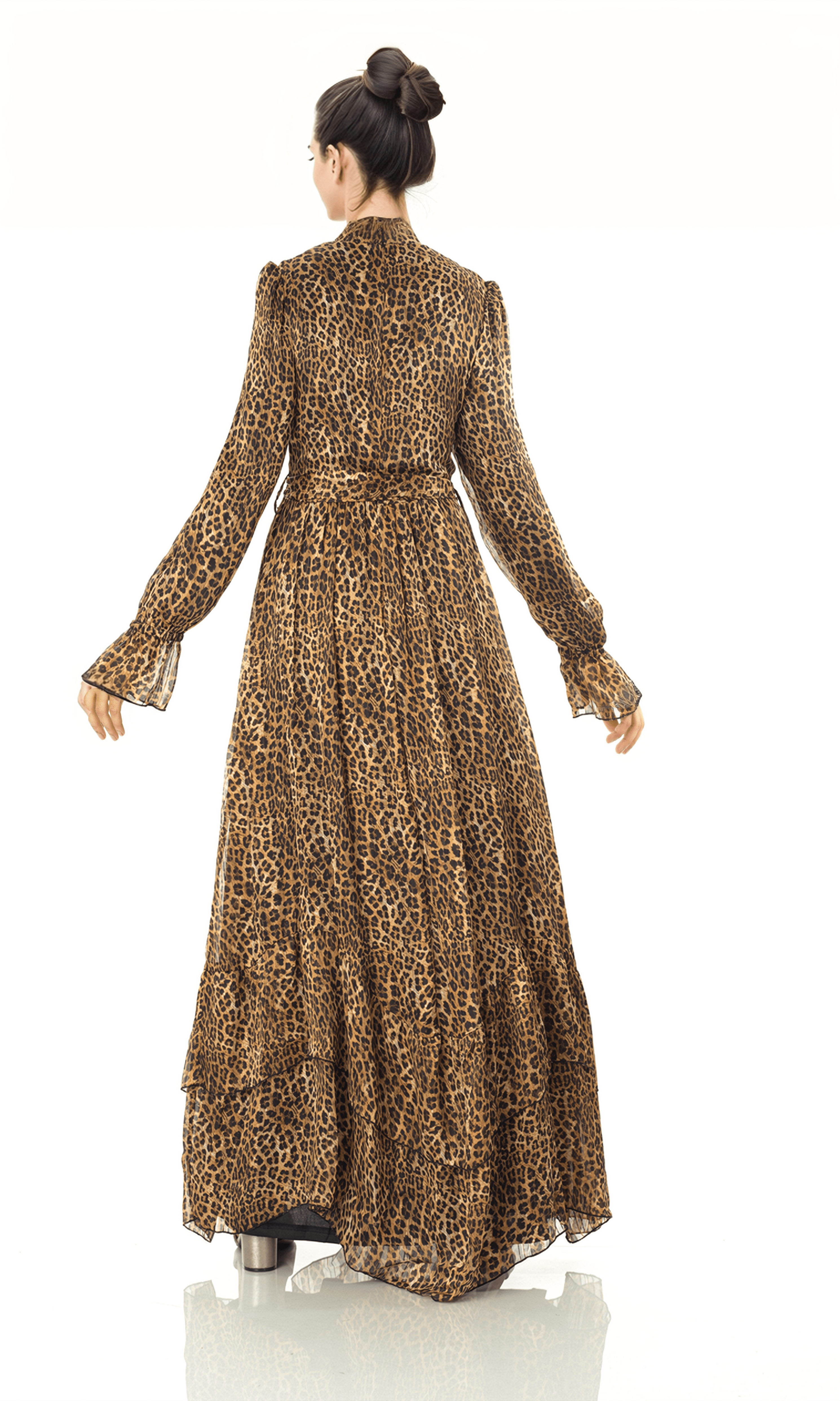 Cheetah fever ruffle long sleeve maxi dress Kabayare
