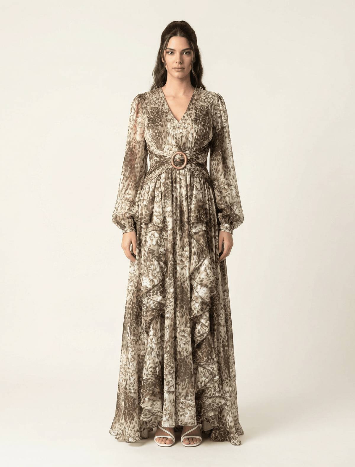 Chestnut brown cheetah floral print maxi dress Kabayare