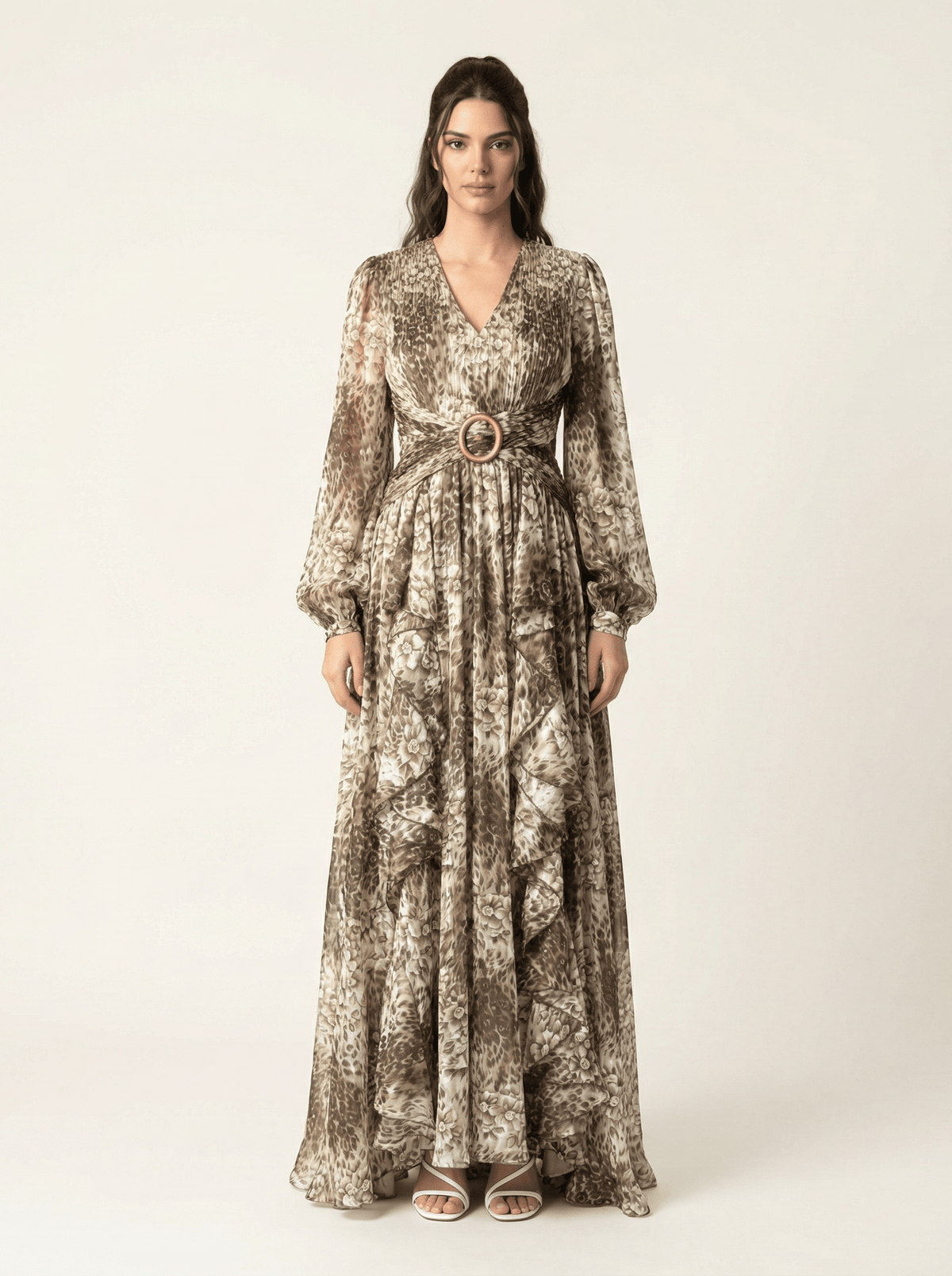 Chestnut brown cheetah floral print maxi dress Kabayare