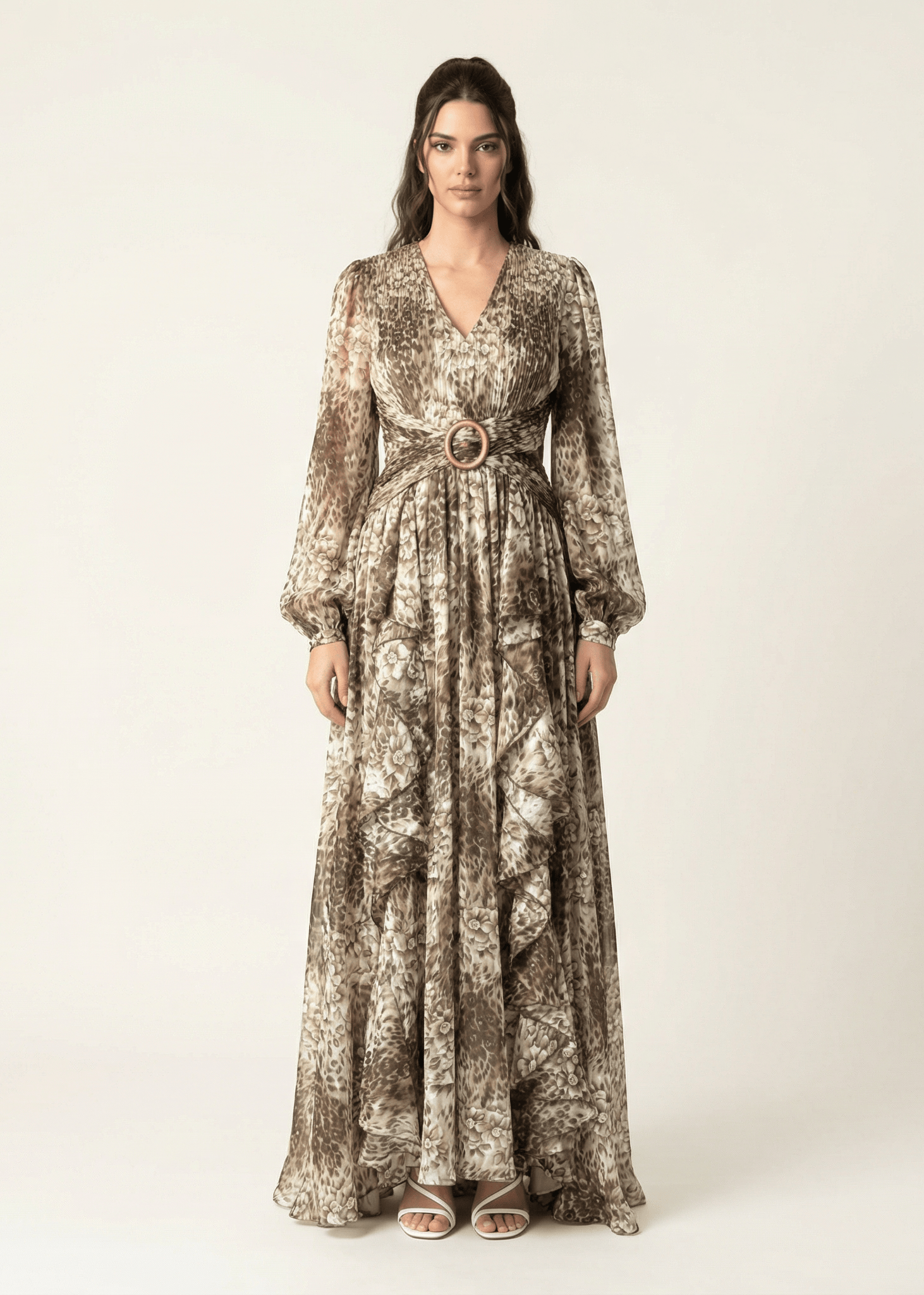 Chestnut brown cheetah floral print maxi dress Kabayare
