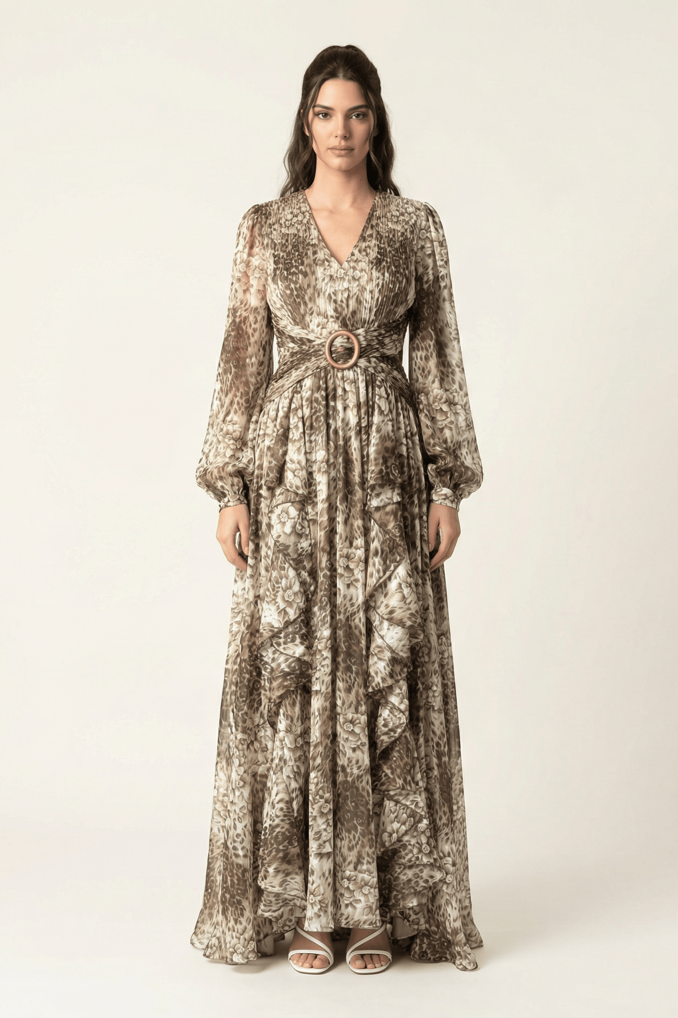Chestnut brown cheetah floral print maxi dress Kabayare