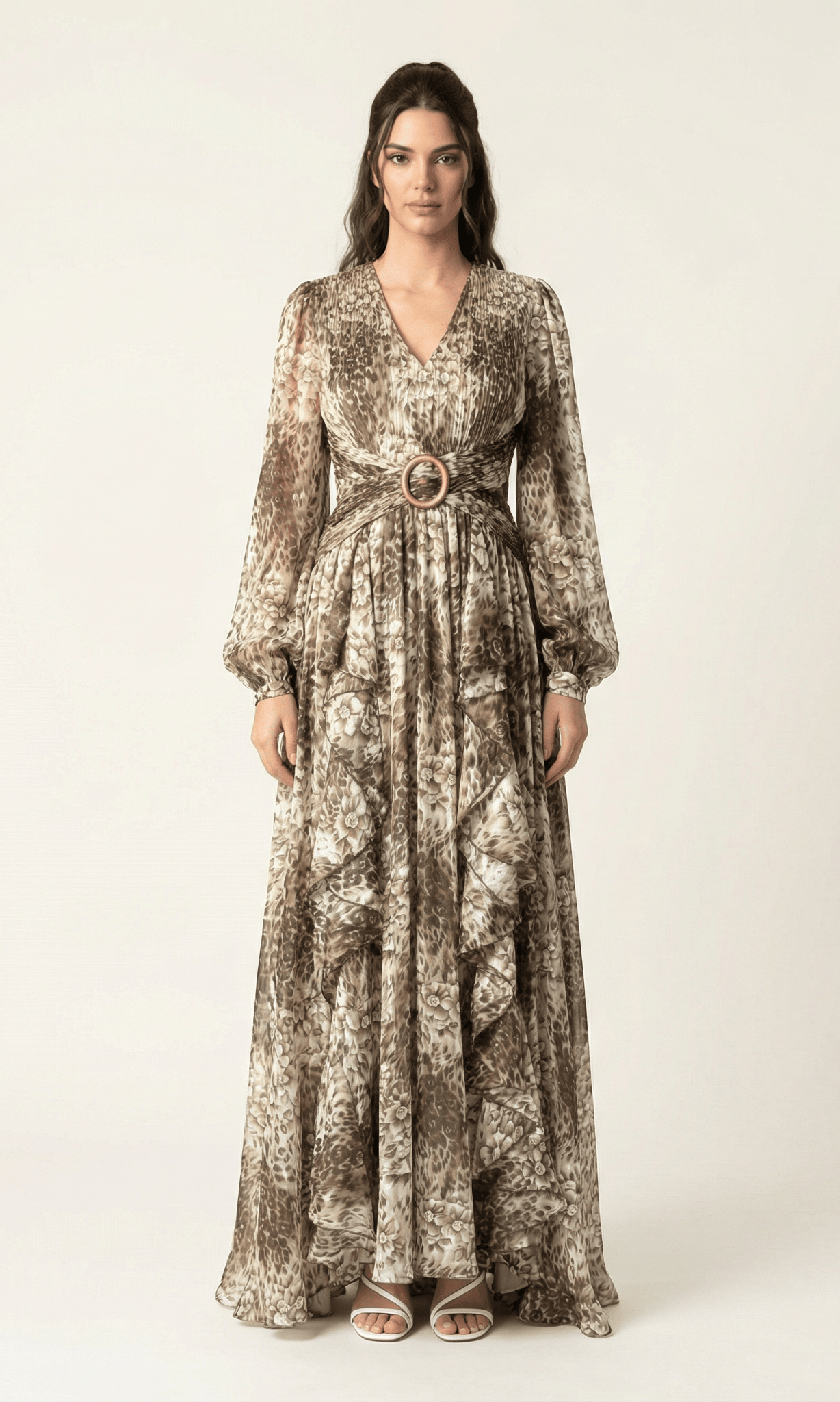 Chestnut brown cheetah floral print maxi dress Kabayare