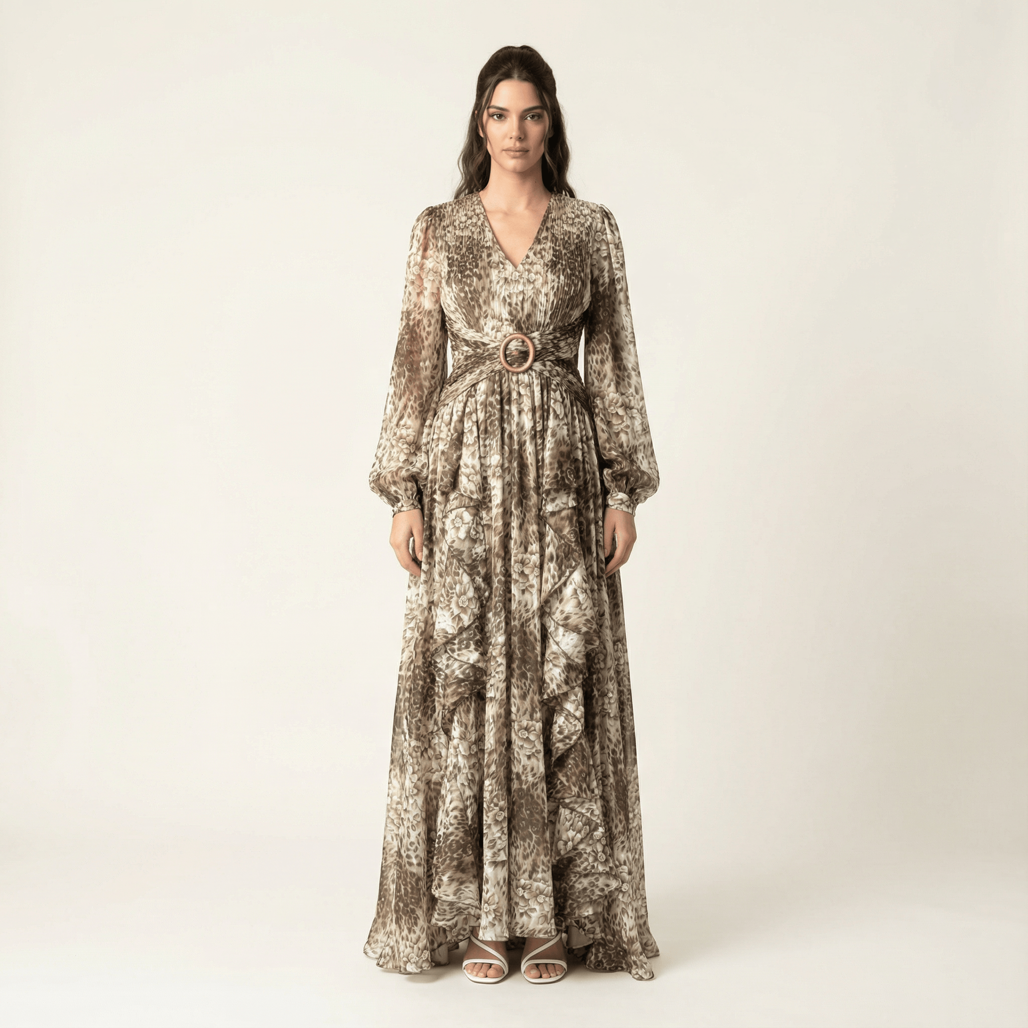 Chestnut brown cheetah floral print maxi dress Kabayare