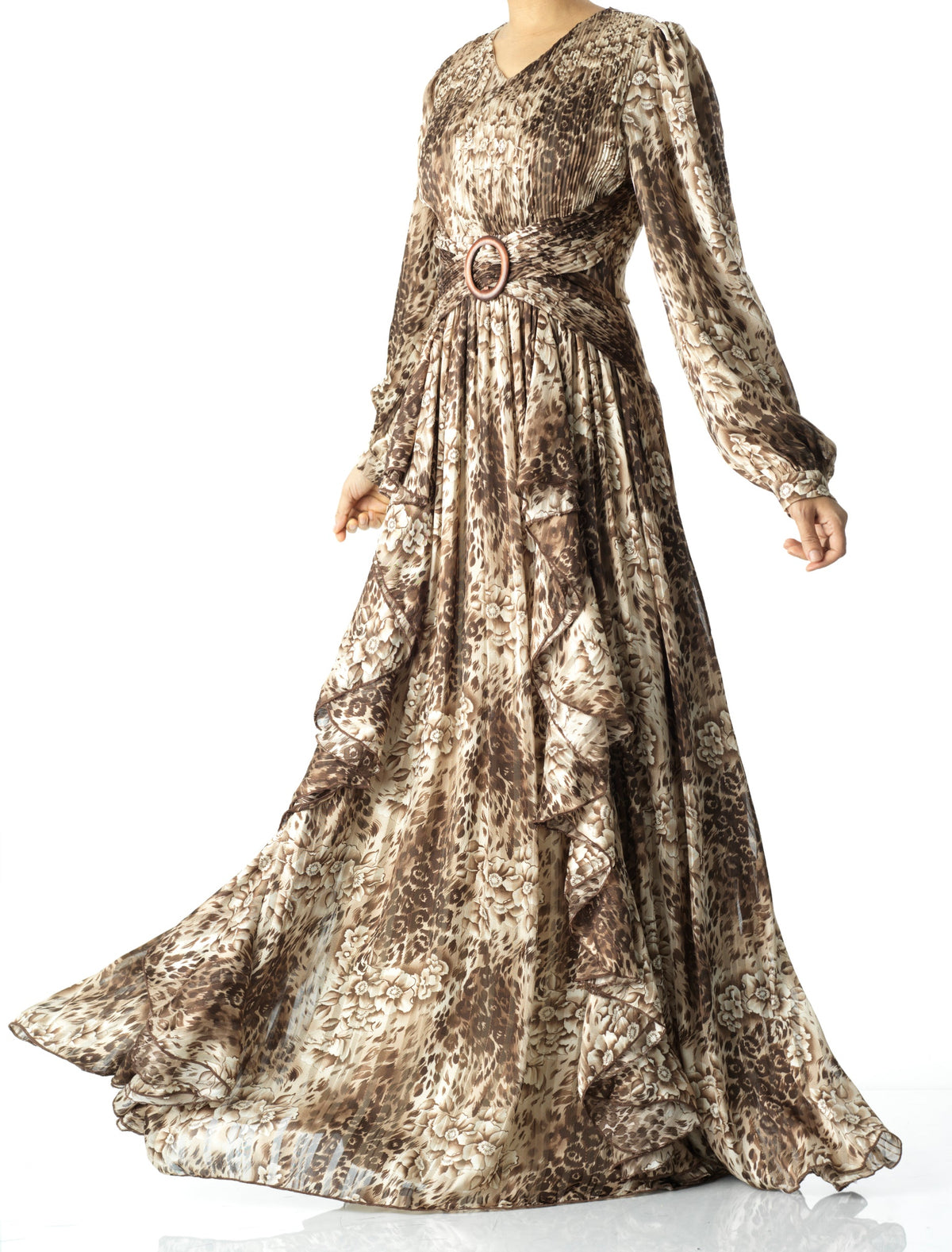 Chestnut brown cheetah floral print maxi dress Kabayare