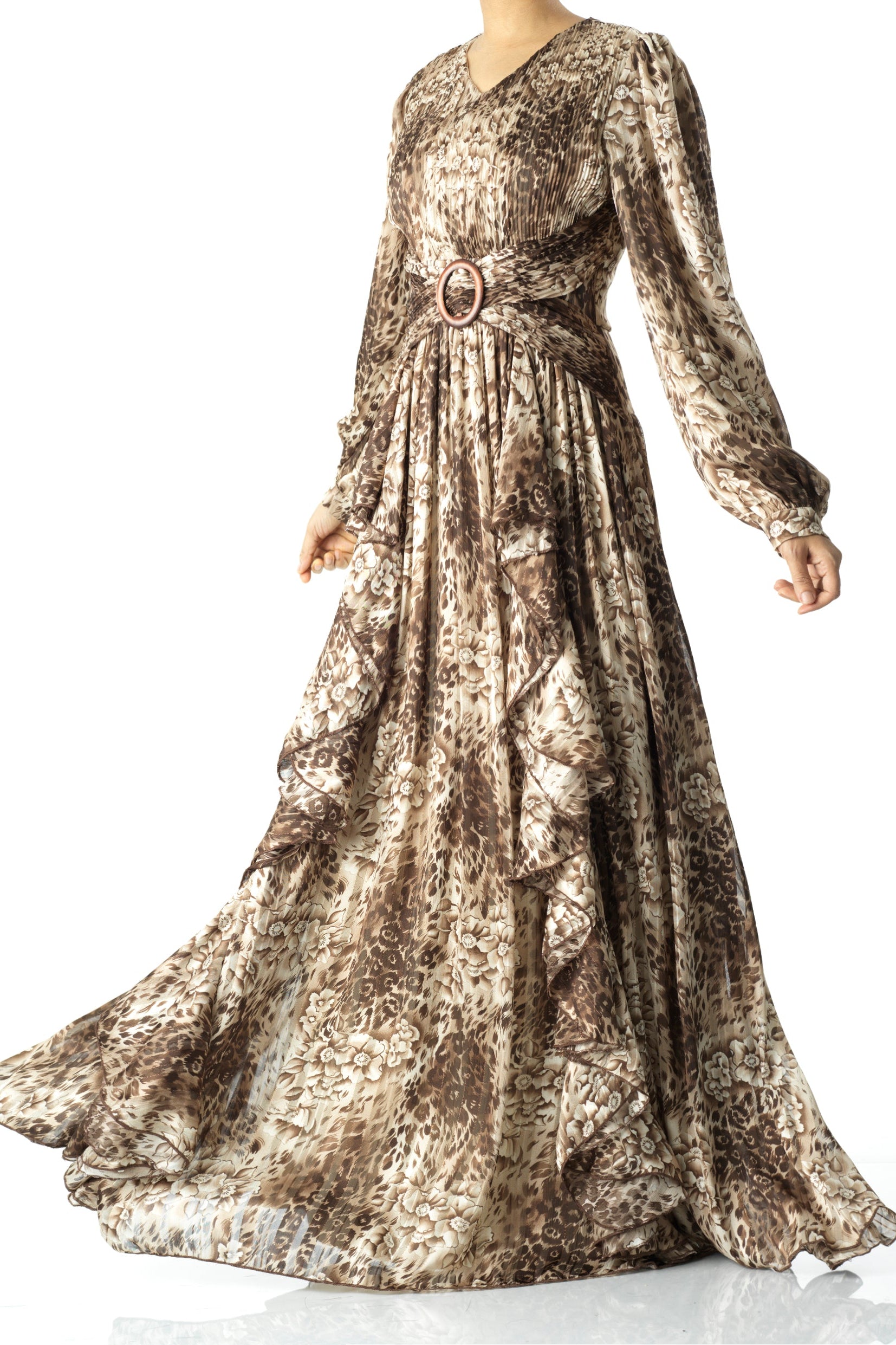 Chestnut brown cheetah floral print maxi dress Kabayare