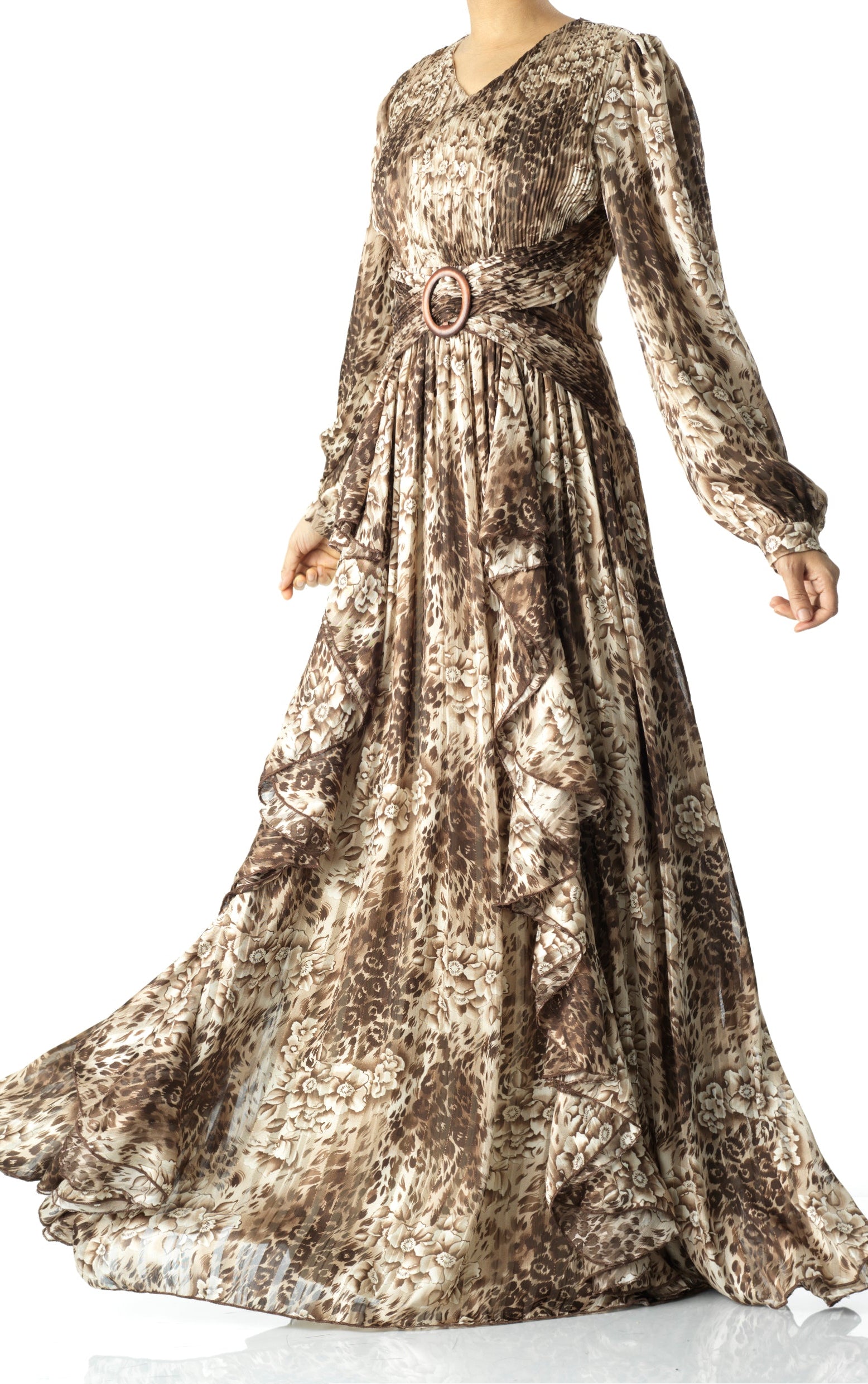 Chestnut brown cheetah floral print maxi dress Kabayare