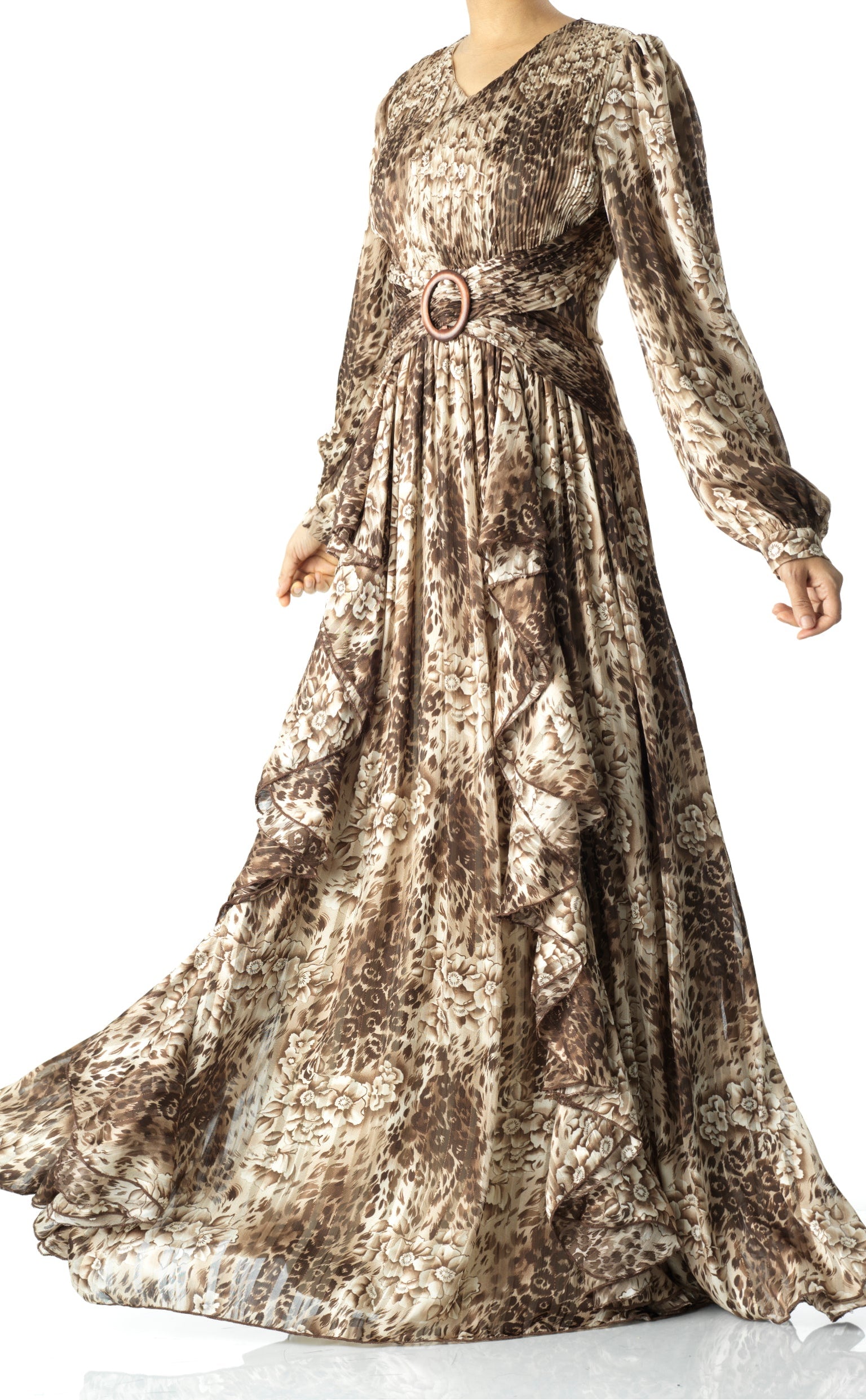 Chestnut brown cheetah floral print maxi dress Kabayare