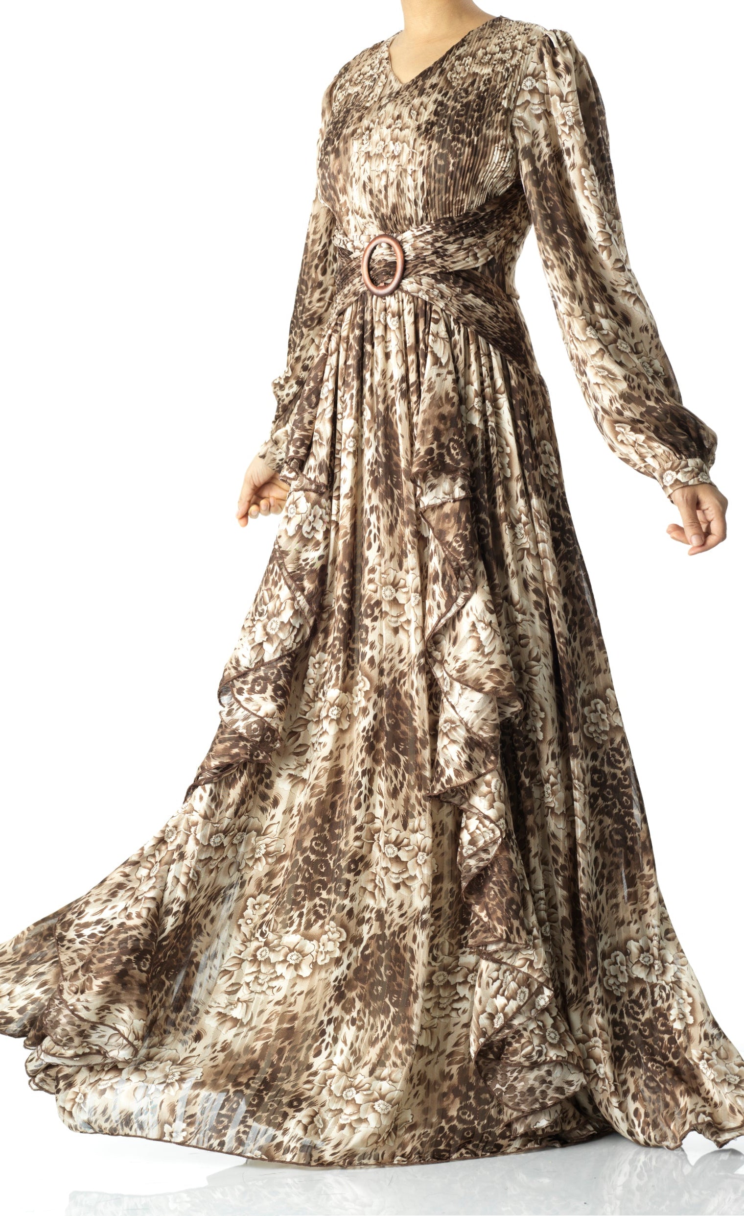 Chestnut brown cheetah floral print maxi dress Kabayare