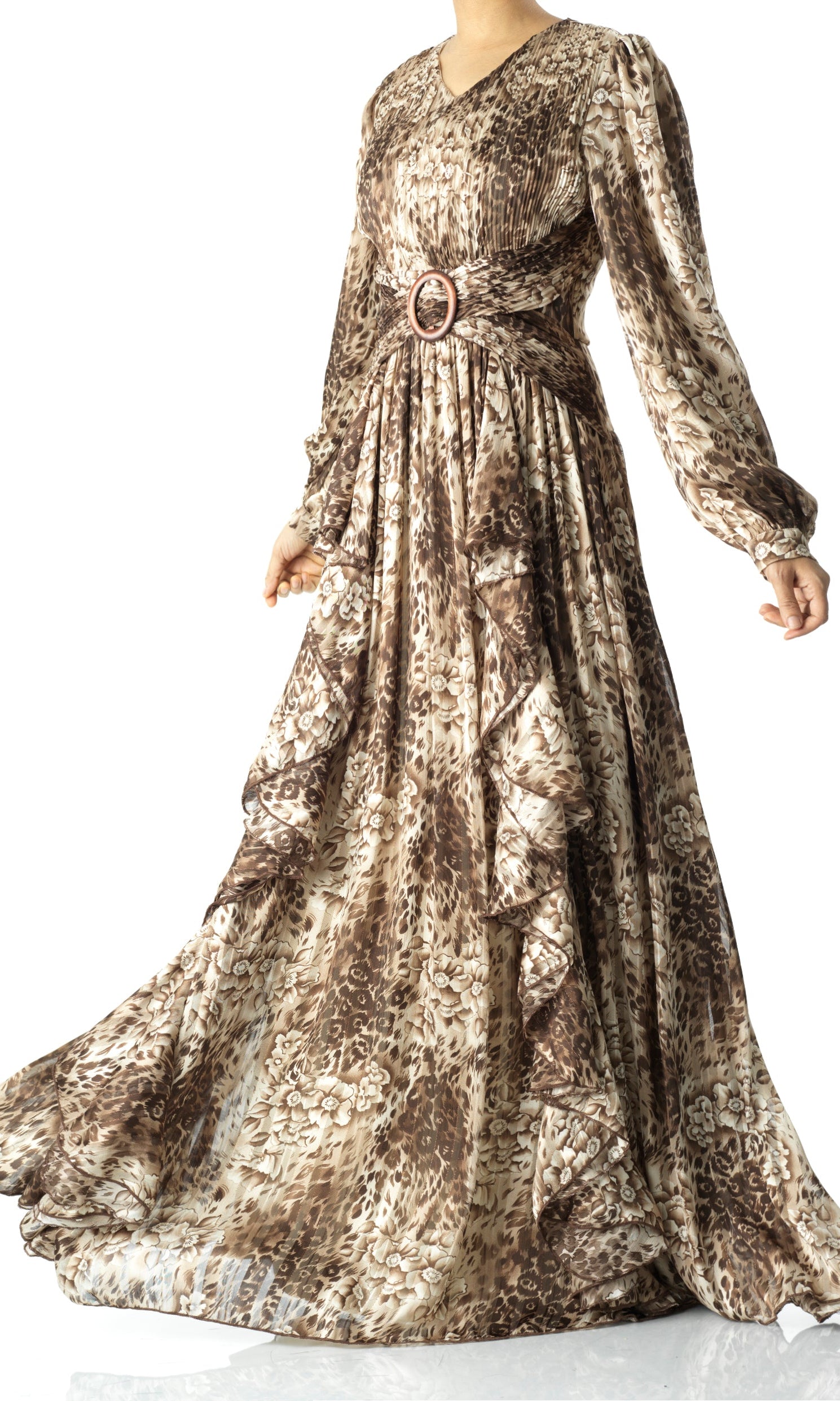 Chestnut brown cheetah floral print maxi dress Kabayare