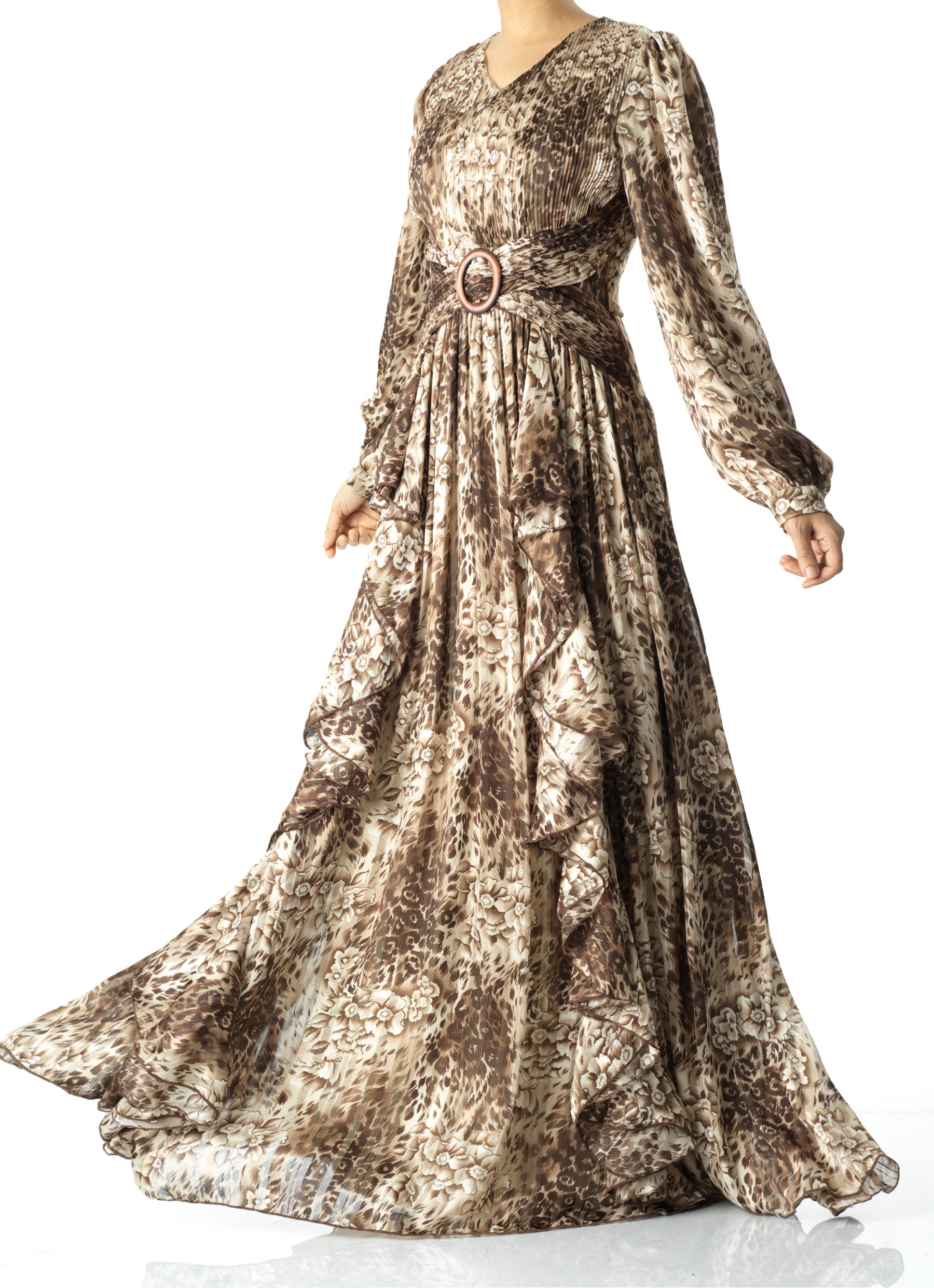 Chestnut brown cheetah floral print maxi dress Kabayare