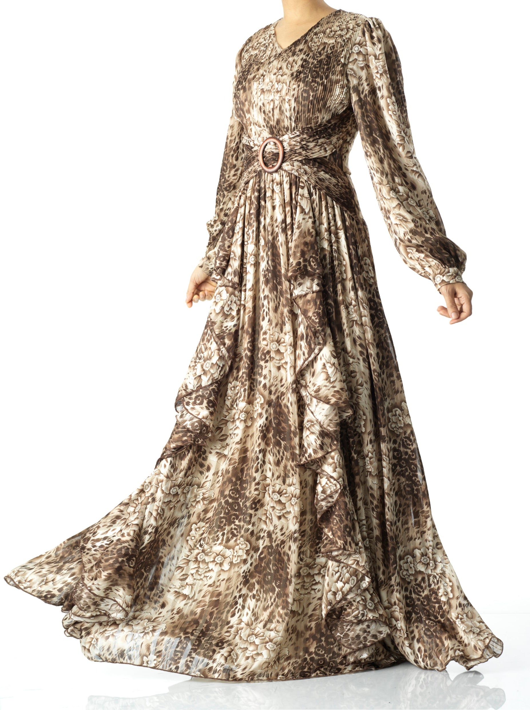 Chestnut brown cheetah floral print maxi dress Kabayare