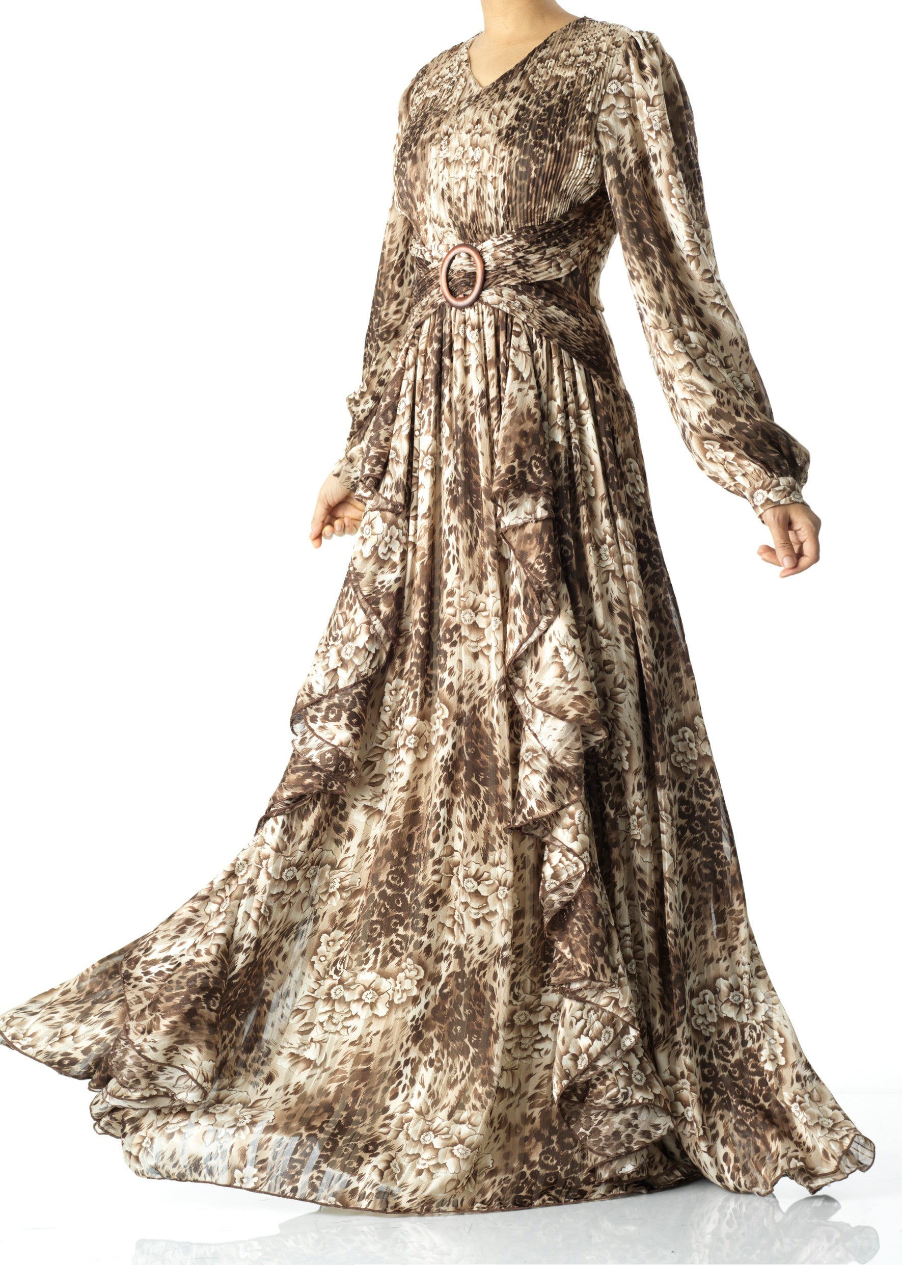 Chestnut brown cheetah floral print maxi dress Kabayare
