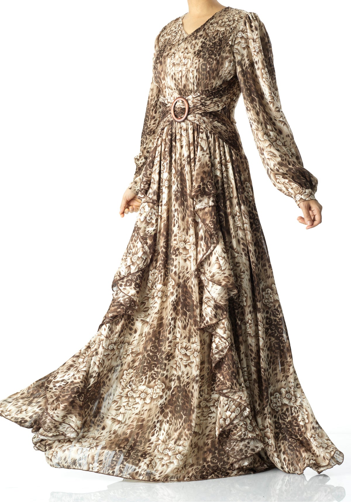 Chestnut brown cheetah floral print maxi dress Kabayare