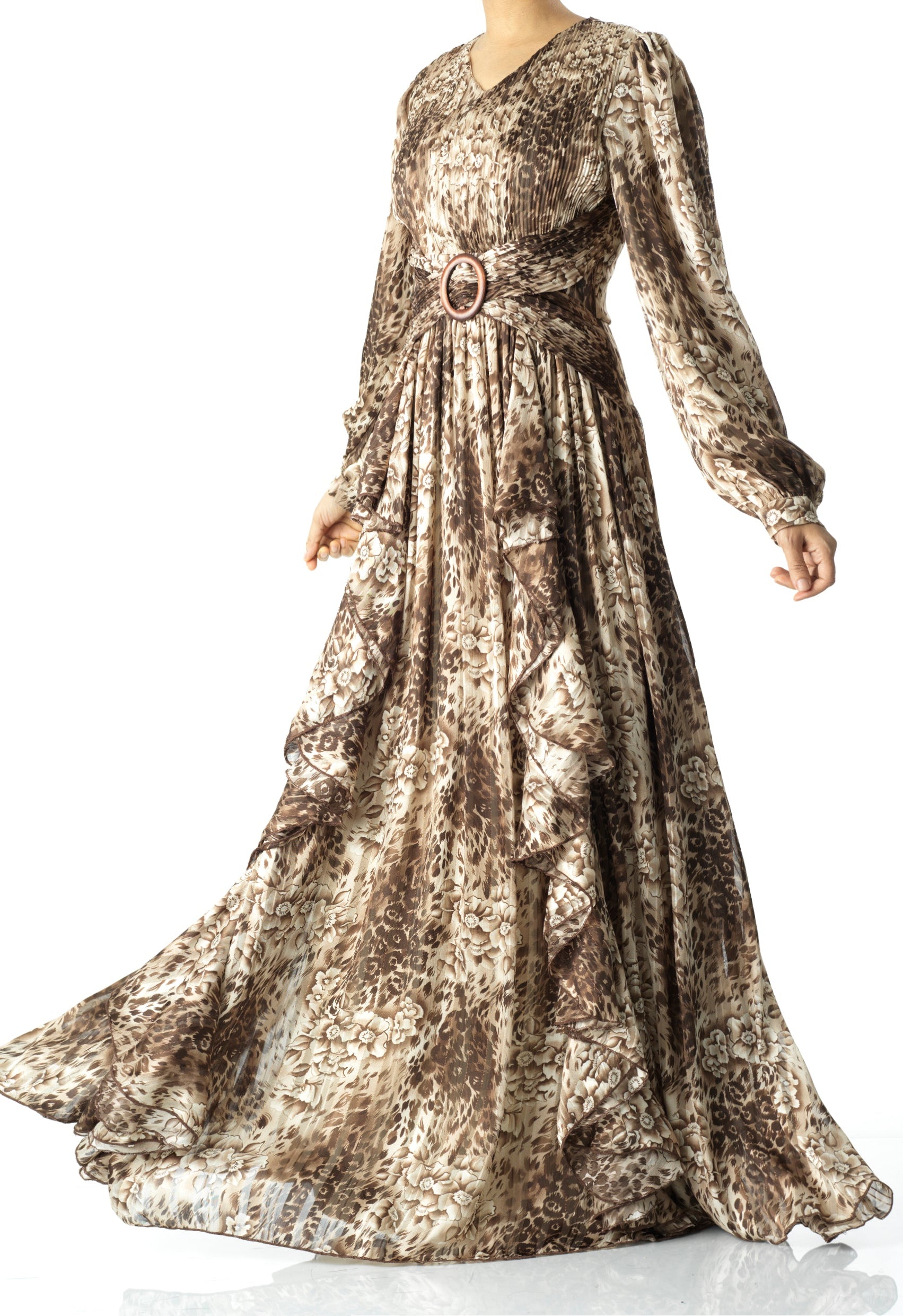 Chestnut brown cheetah floral print maxi dress Kabayare