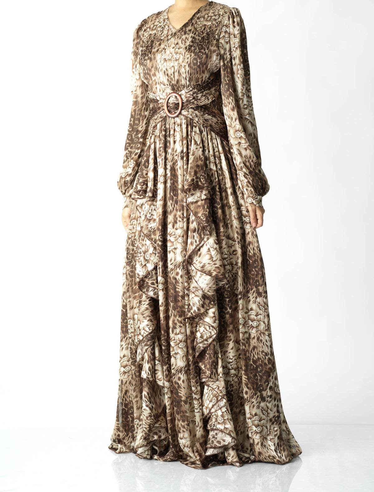 Chestnut brown cheetah floral print maxi dress Kabayare