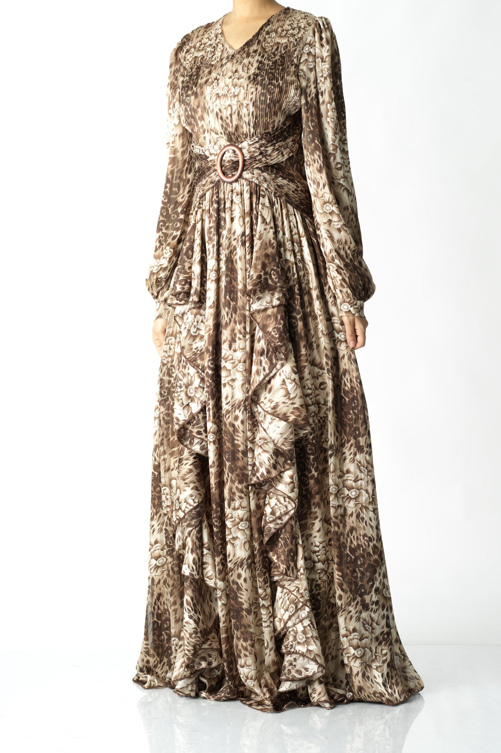 Chestnut brown cheetah floral print maxi dress Kabayare