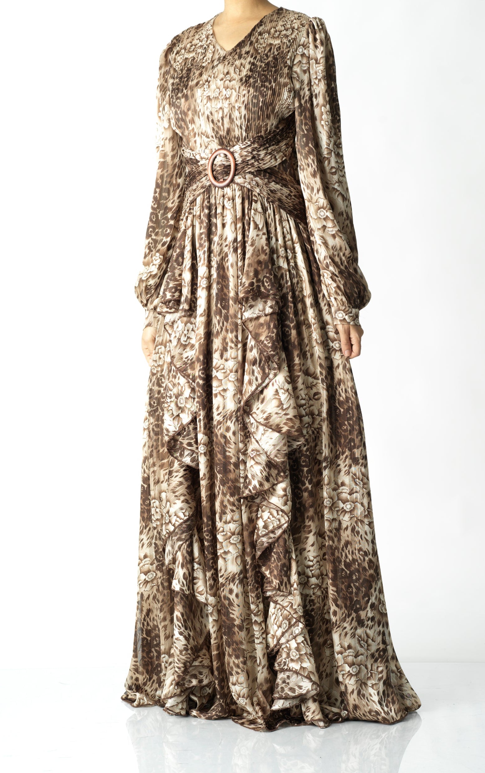 Chestnut brown cheetah floral print maxi dress Kabayare