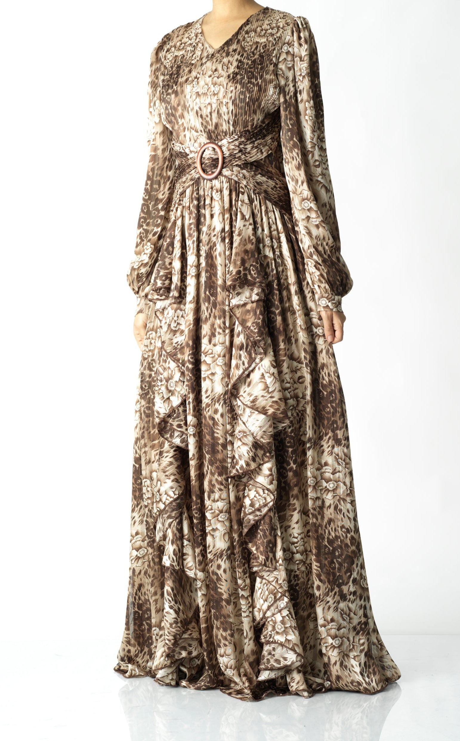 Chestnut brown cheetah floral print maxi dress Kabayare