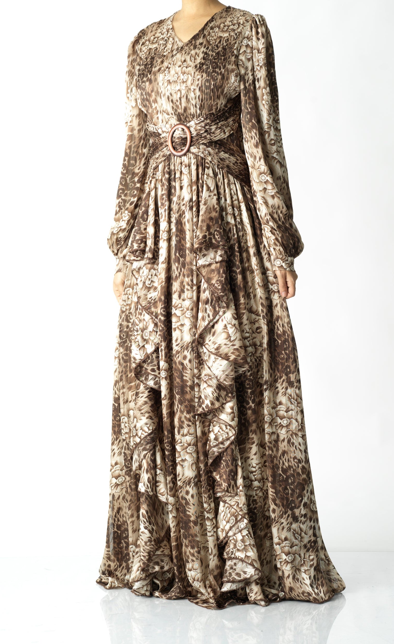 Chestnut brown cheetah floral print maxi dress Kabayare