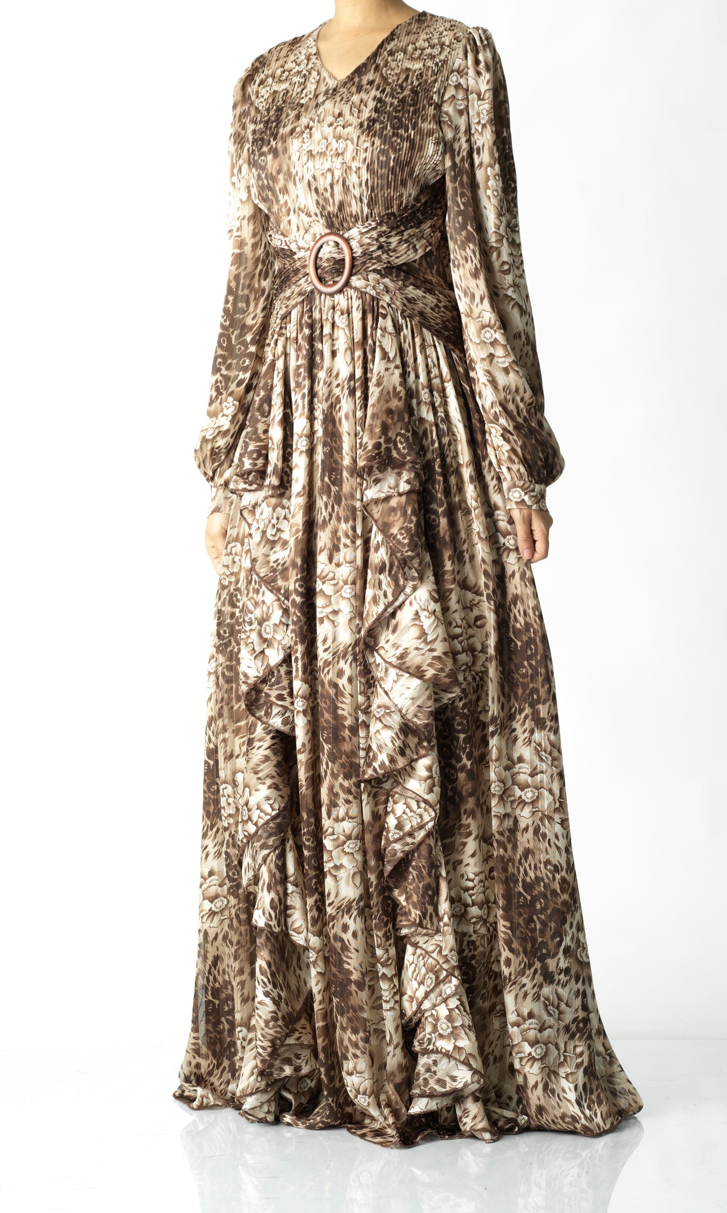 Chestnut brown cheetah floral print maxi dress Kabayare