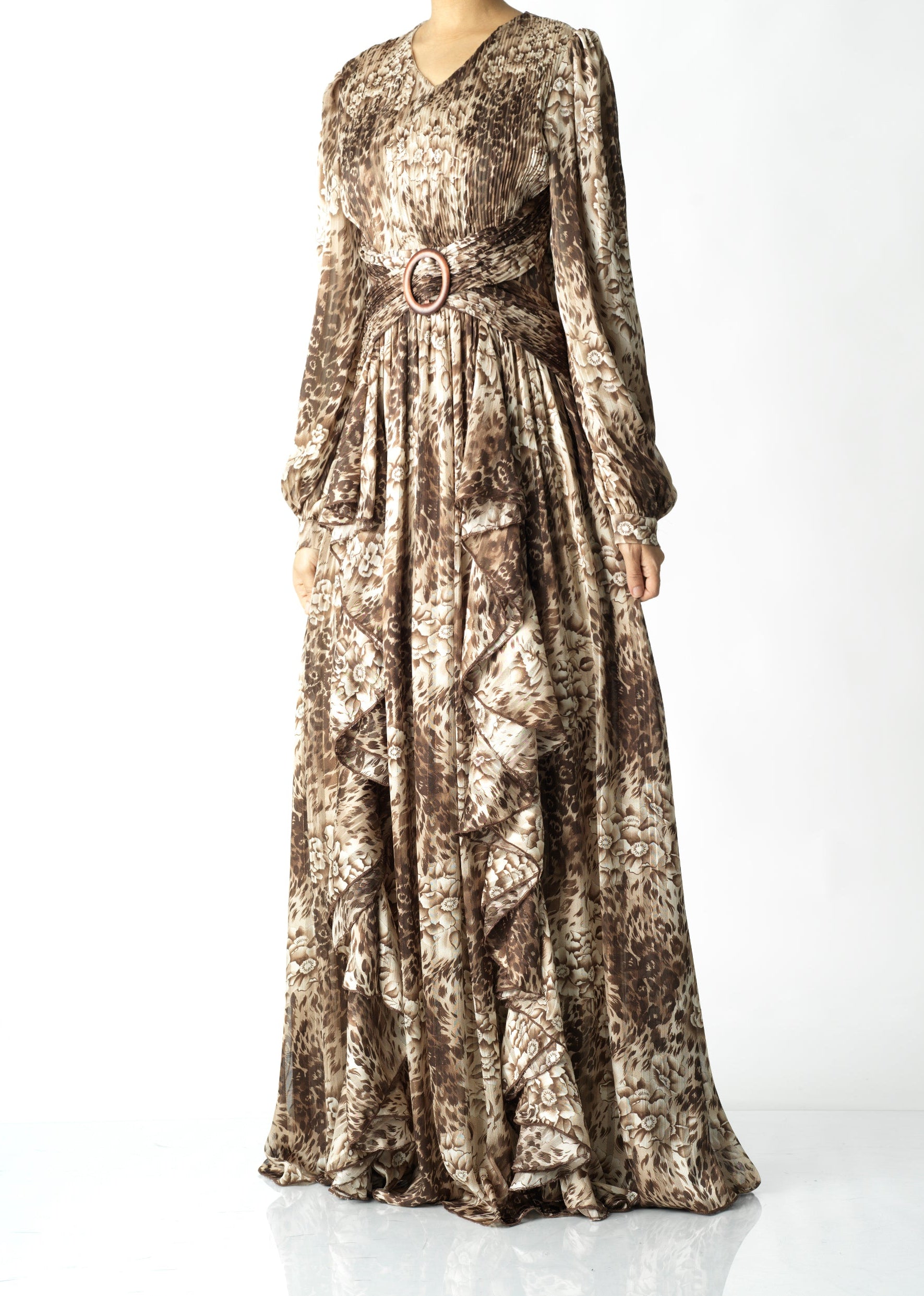 Chestnut brown cheetah floral print maxi dress Kabayare