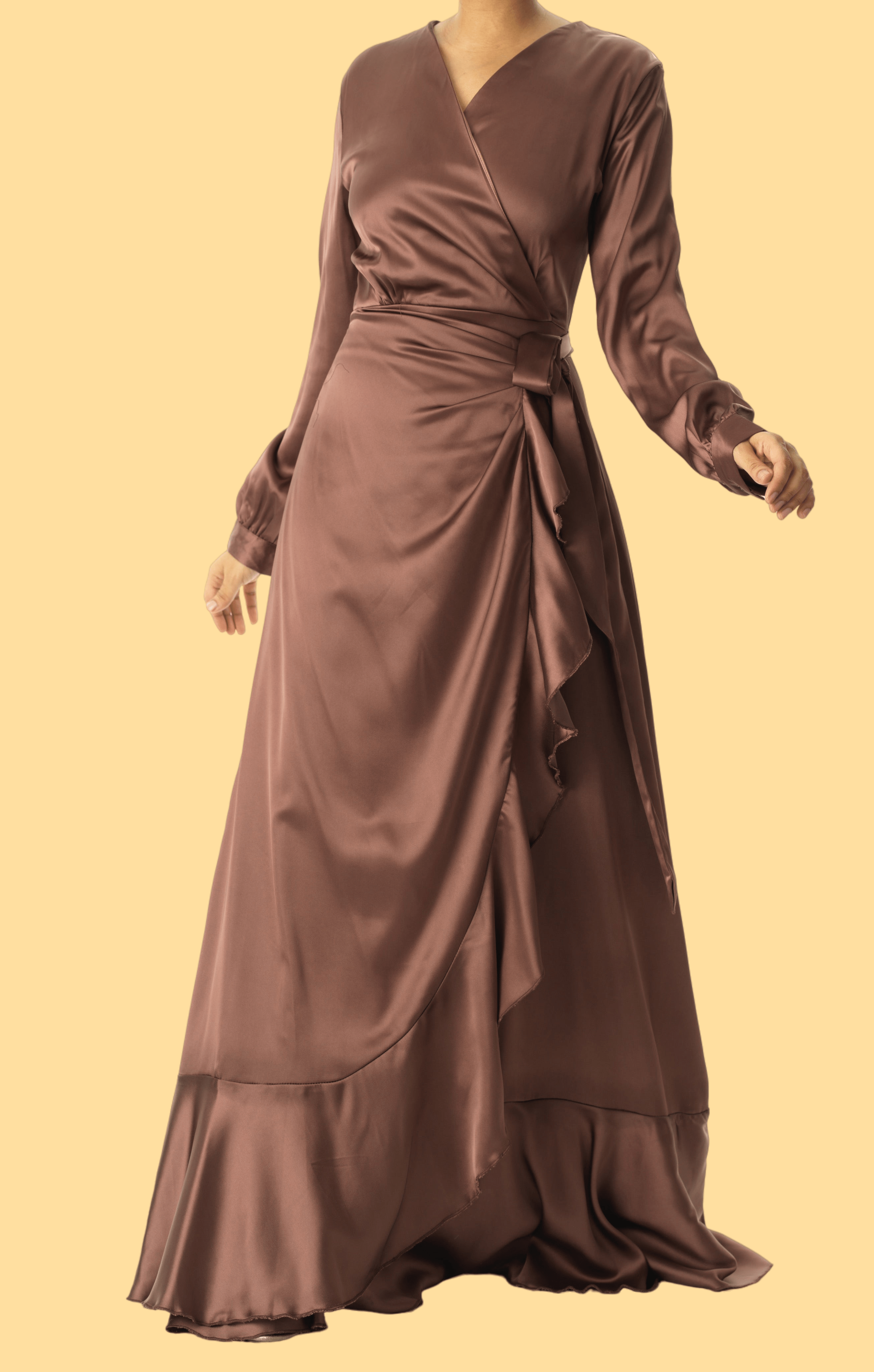 chestnut mauve modest Wrapped Up In satin dress Kabayare