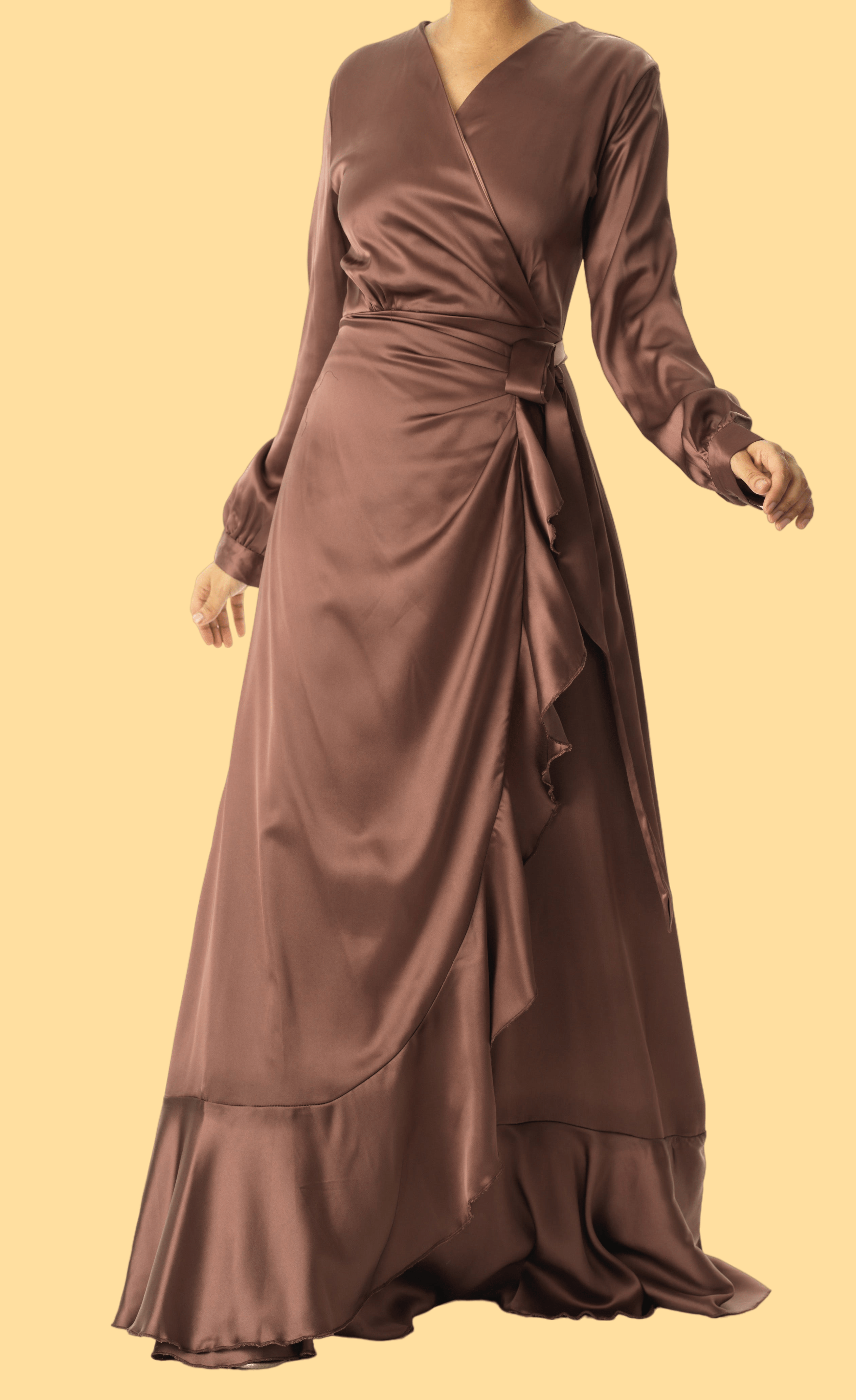 chestnut mauve modest Wrapped Up In satin dress Kabayare
