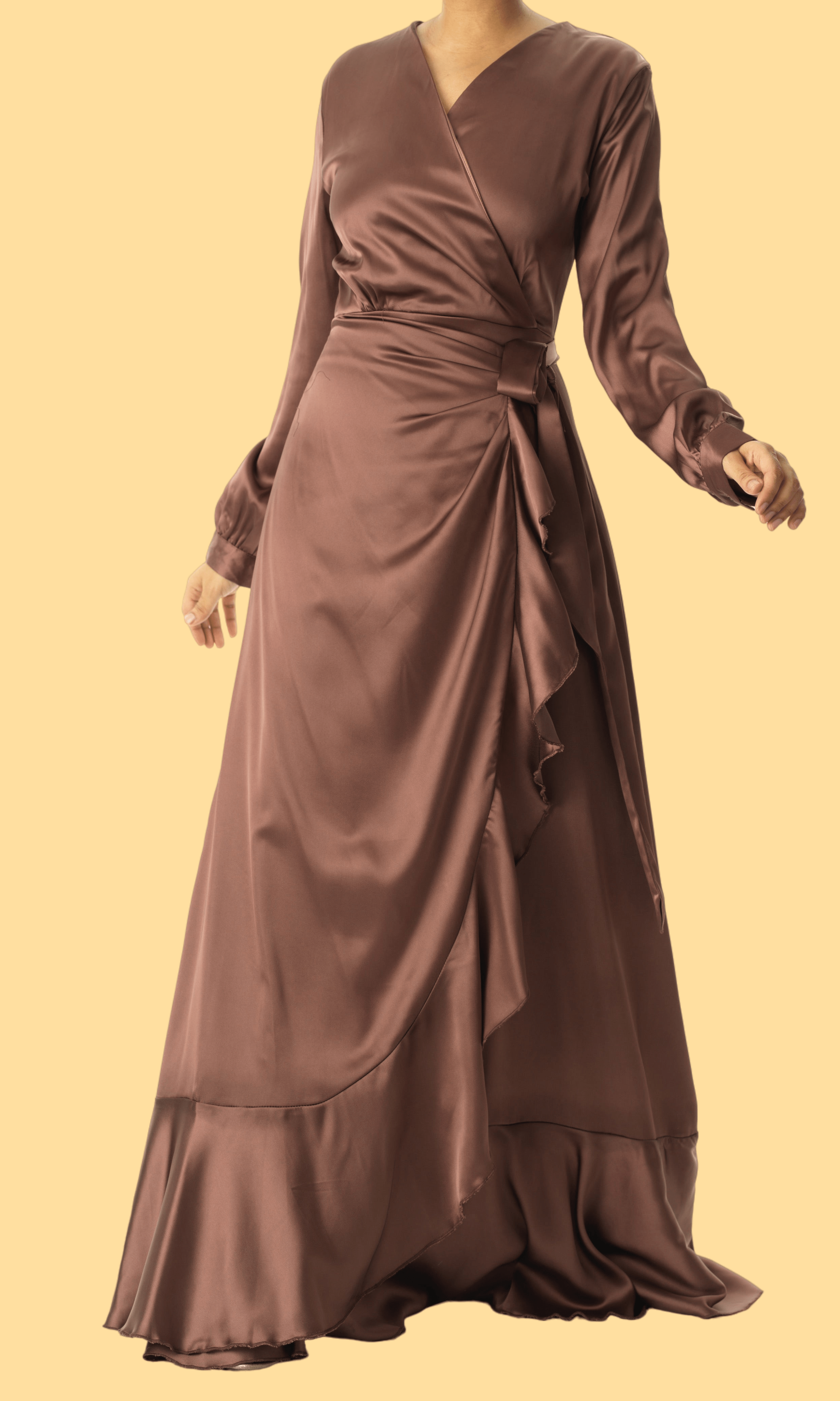 chestnut mauve modest Wrapped Up In satin dress Kabayare