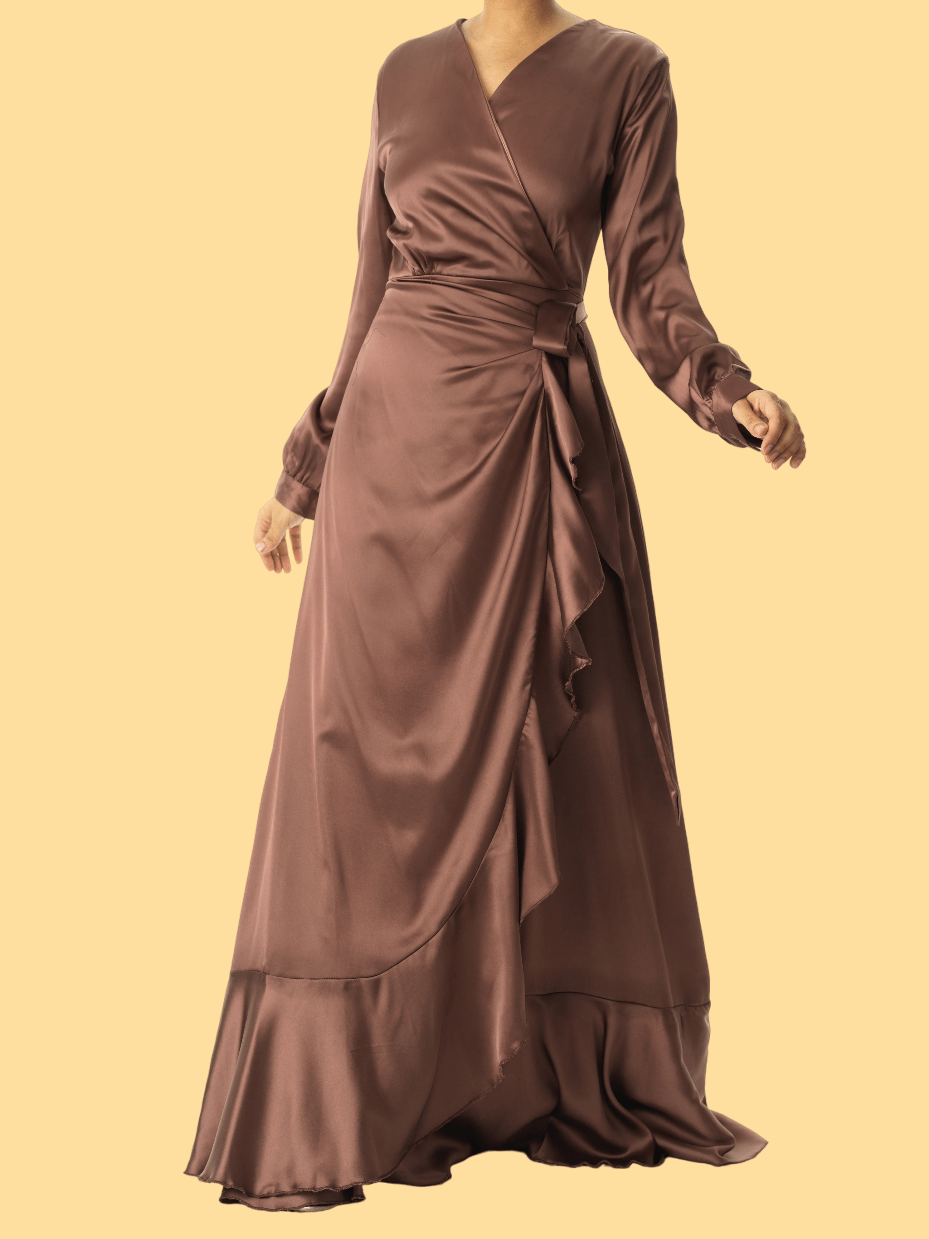 chestnut mauve modest Wrapped Up In satin dress Kabayare