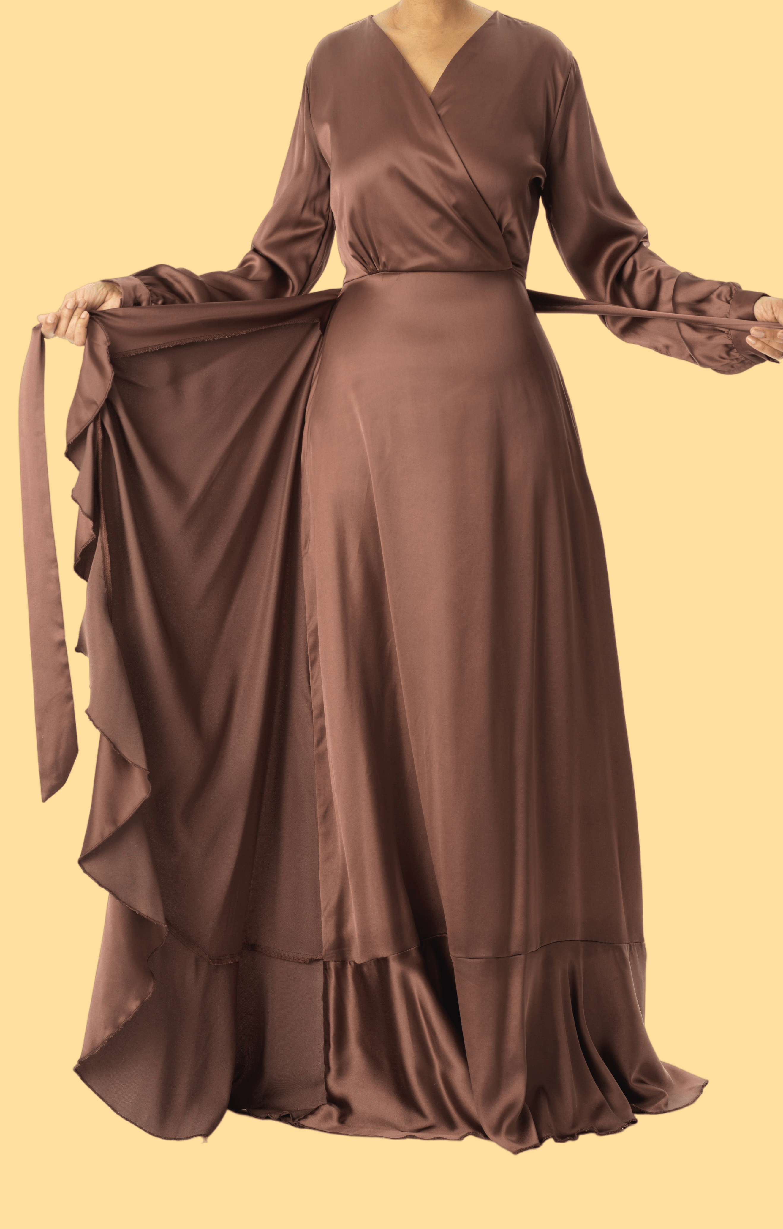 chestnut mauve modest Wrapped Up In satin dress Kabayare